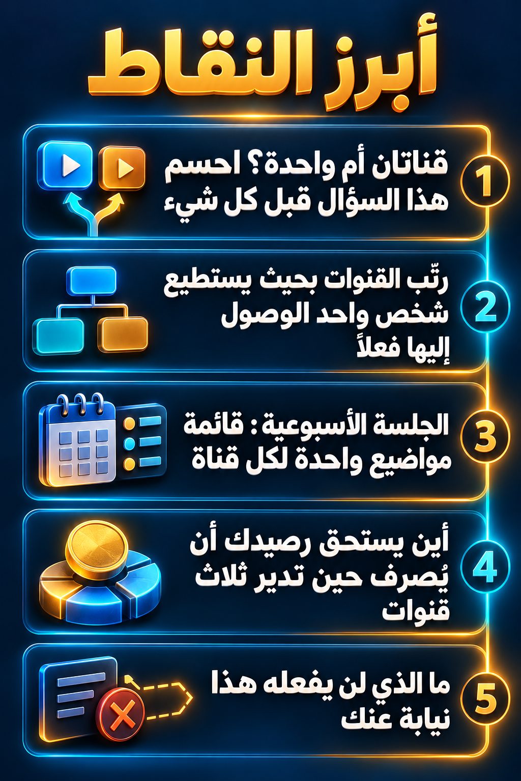 أبرز النقاط: قناتان أم قناة واحدة؟ احسم هذا السؤال أولاً; رتّب القنوات بطريقة يستطيع بها شخص واحد الوصول إليها فعلاً; الجلسة الأسبوعية: قائمة مواضيع واحدة لكل قناة; أين تصرف رصيدك حين تدير ثلاث قنوات; ما الذي لن يفعله هذا النظام بدلاً منك