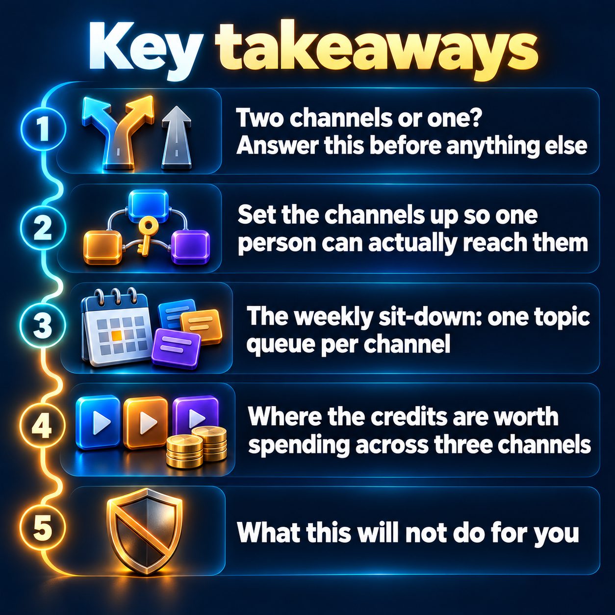 Key takeaways: Two channels or one? Answer this before anything else; Set the channels up so one person can actually reach them; The weekly sit-down: one topic queue per channel; Where the credits are worth spending across three channels; What this will not do for you