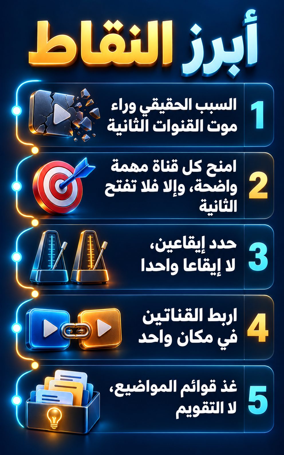أبرز النقاط: السبب الحقيقي وراء موت القنوات الثانية; أعط كل قناة مهمة واضحة، وإلا فلا تفتح الثانية; حدد إيقاعين، لا إيقاعا واحدا; اربط القناتين في مكان واحد; املأ قوائم المواضيع، لا التقويم