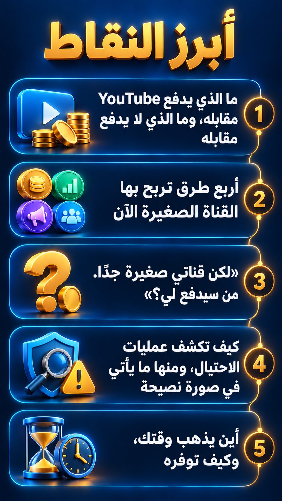 أبرز النقاط: ما الذي يدفع YouTube مقابله، وما الذي لا يدفع مقابله; أربع طرق تربح بها القناة الصغيرة الآن; «لكن قناتي صغيرة جدًا. من سيدفع لي؟»; كيف تكشف عمليات الاحتيال، ومنها ما يأتي في صورة نصيحة; أين يذهب وقتك، وكيف توفره