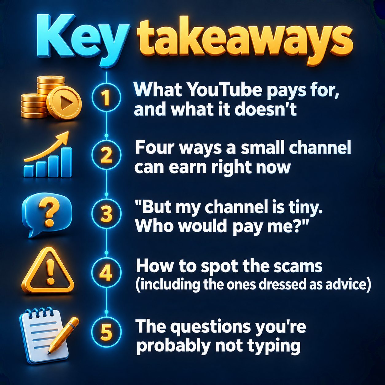 Key takeaways: What YouTube pays for, and what it doesn't; Four ways a small channel can earn right now; "But my channel is tiny. Who would pay me?"; How to spot the scams (including the ones dressed as advice); The questions you're probably not typing
