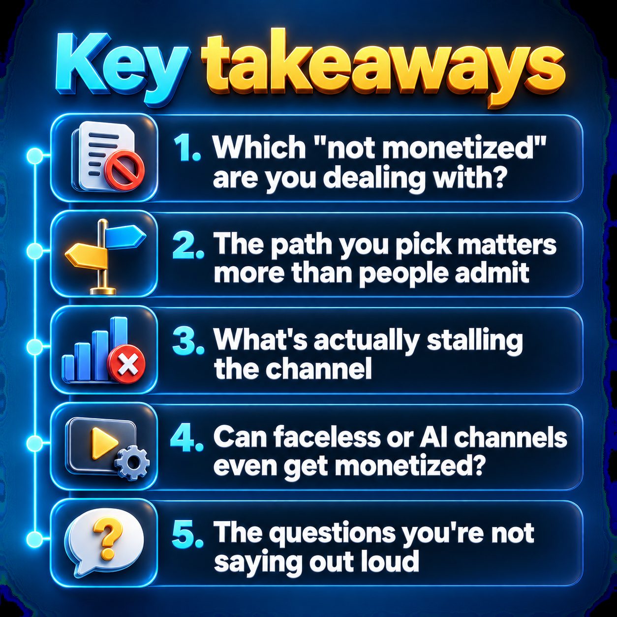 Key takeaways: Which "not monetized" are you dealing with?; The path you pick matters more than people admit; What's actually stalling the channel; Can faceless or AI channels even get monetized?; The questions you're not saying out loud
