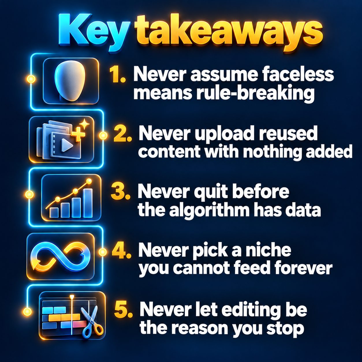 Key takeaways: Never assume faceless means rule-breaking; Never upload reused content with nothing added; Never quit before the algorithm has data; Never pick a niche you cannot feed forever; Never let editing be the reason you stop