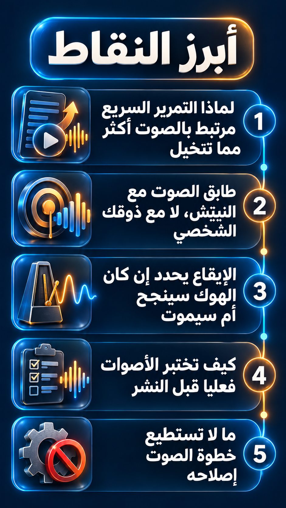 أبرز النقاط: لماذا يرتبط التمرير السريع بالصوت أكثر مما تتخيل; اختر الصوت حسب النيتش، لا حسب ذوقك الشخصي; الإيقاع يحدد إن كان الهوك سينجح أم سيفشل; كيف تختبر الأصوات فعلا قبل النشر; ما لا تستطيع خطوة الصوت إصلاحه