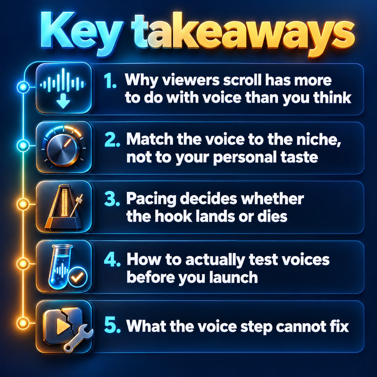 Key takeaways: Why viewers scroll has more to do with voice than you think; Match the voice to the niche, not to your personal taste; Pacing decides whether the hook lands or dies; How to actually test voices before you launch; What the voice step cannot fix
