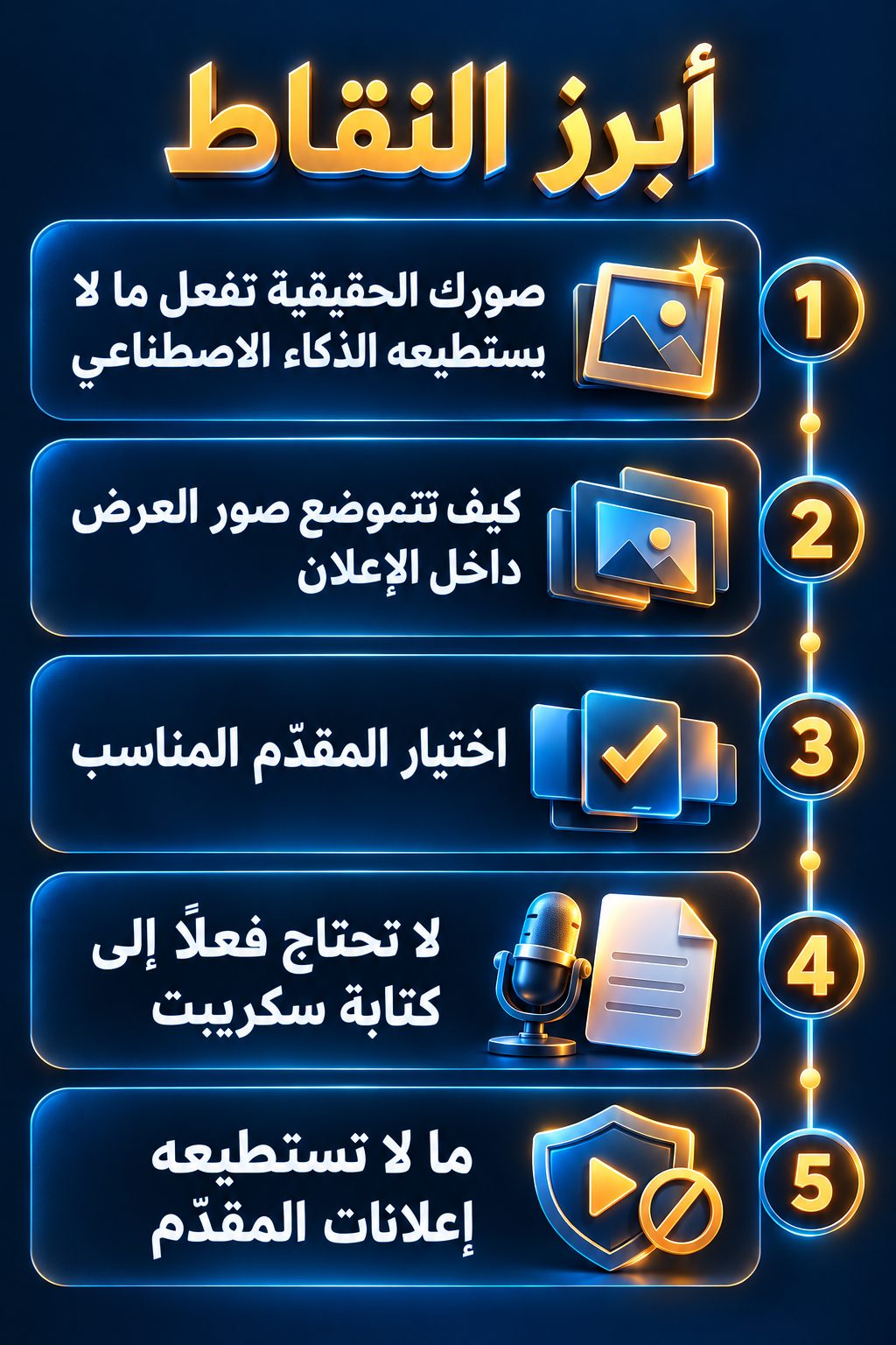 أبرز النقاط: صورك الحقيقية تفعل ما لا يستطيعه الذكاء الاصطناعي; كيف تأخذ صور العرض مكانها داخل الإعلان; اختيار المقدّم المناسب; لا تحتاج فعلًا إلى كتابة سكريبت; ما لا تستطيعه إعلانات المقدّم