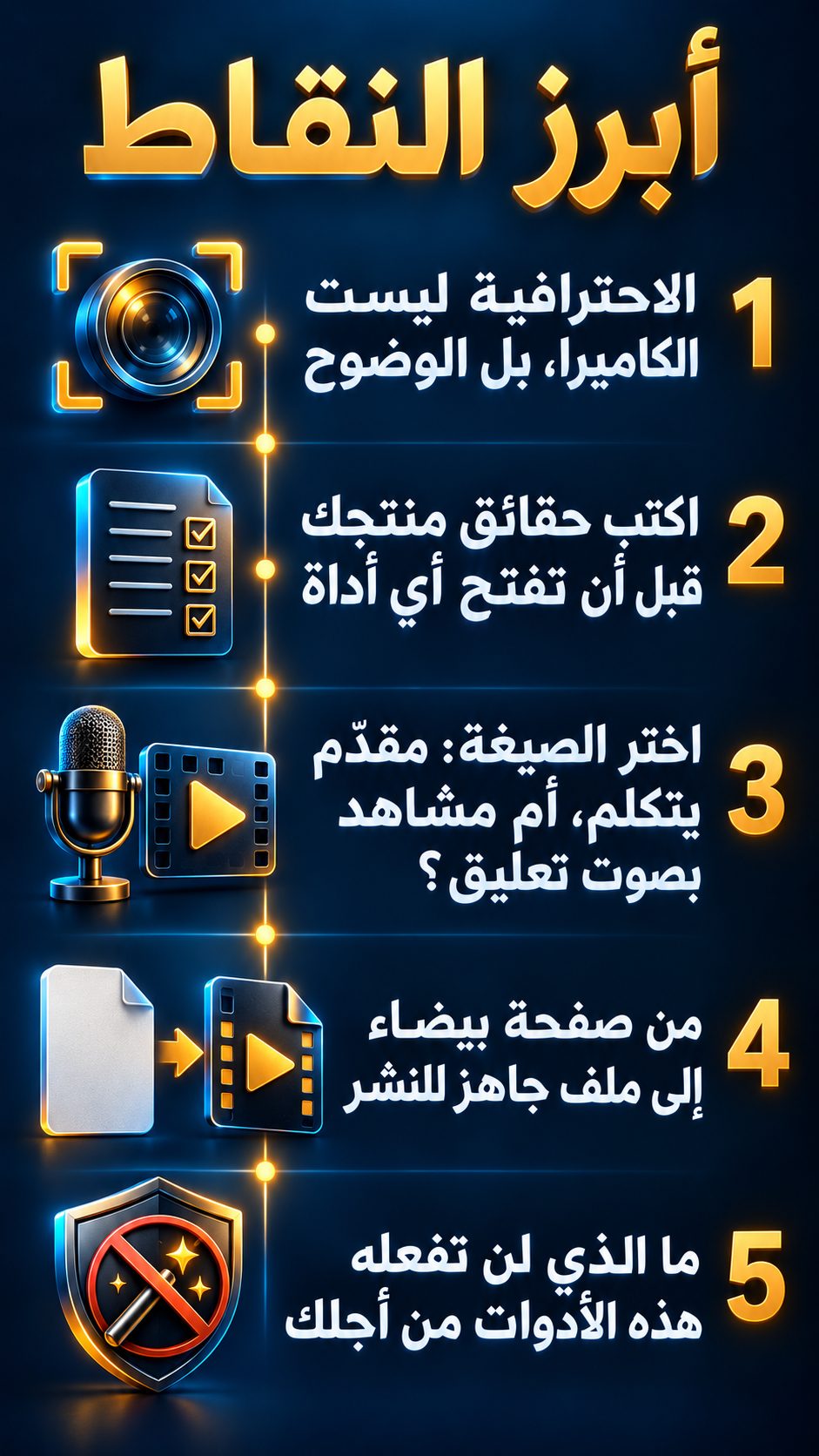 أبرز النقاط: الاحترافية في الوضوح، لا في الكاميرا; اكتب حقائق منتجك قبل أن تفتح أي أداة; اختر الشكل: مقدّم يتكلم، أم مشاهد مع صوت تعليق؟; من صفحة فارغة إلى ملف جاهز للنشر; ما الذي لن تفعله هذه الأدوات بدلًا منك