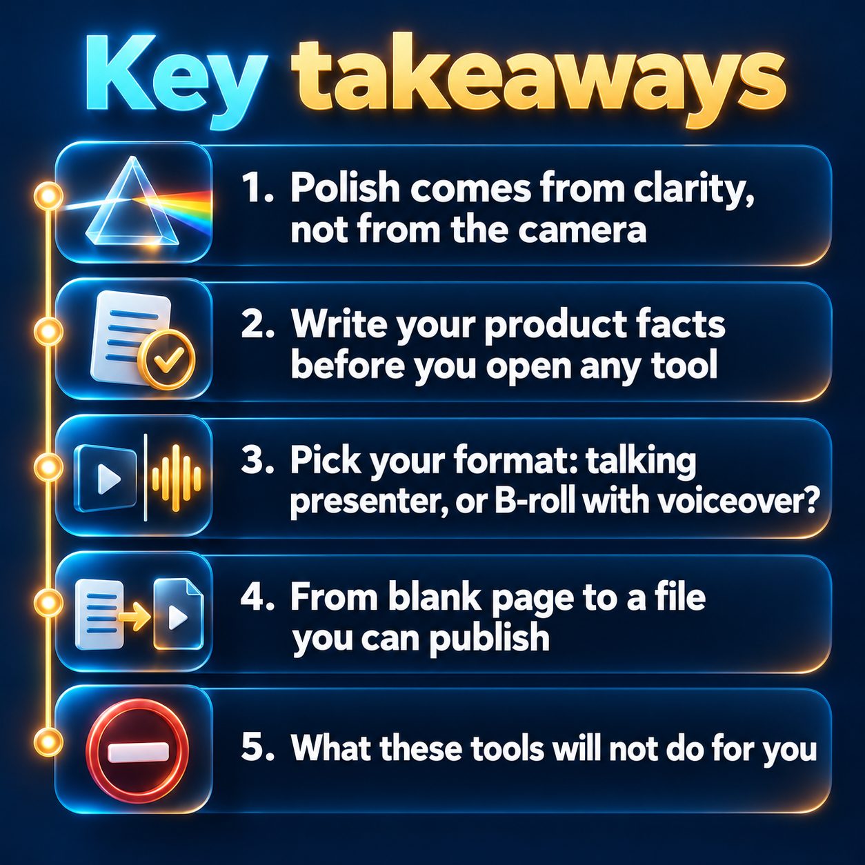 Key takeaways: Polish comes from clarity, not from the camera; Write your product facts before you open any tool; Pick your format: talking presenter, or B-roll with voiceover?; From blank page to a file you can publish; What these tools will not do for you