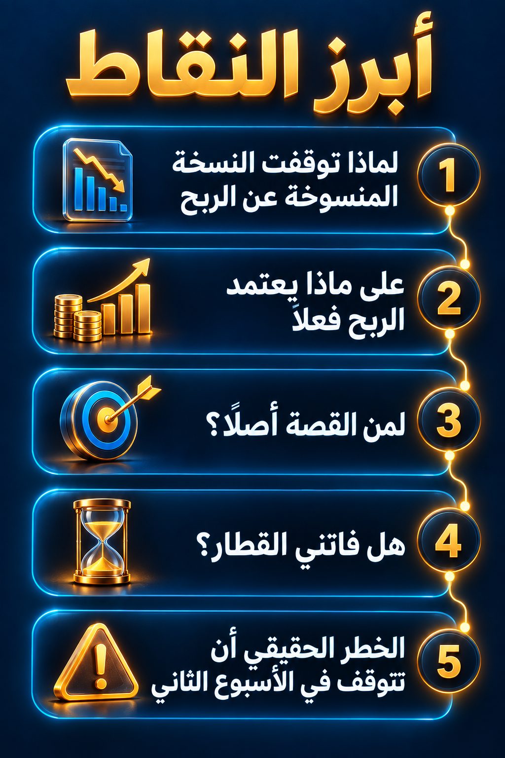 أبرز النقاط: لماذا توقفت النسخة المنسوخة عن الربح; على ماذا يعتمد الربح فعلًا; لمن القصة أصلًا؟; هل فاتني القطار؟; الخطر الحقيقي أن تتوقف في الأسبوع الثاني
