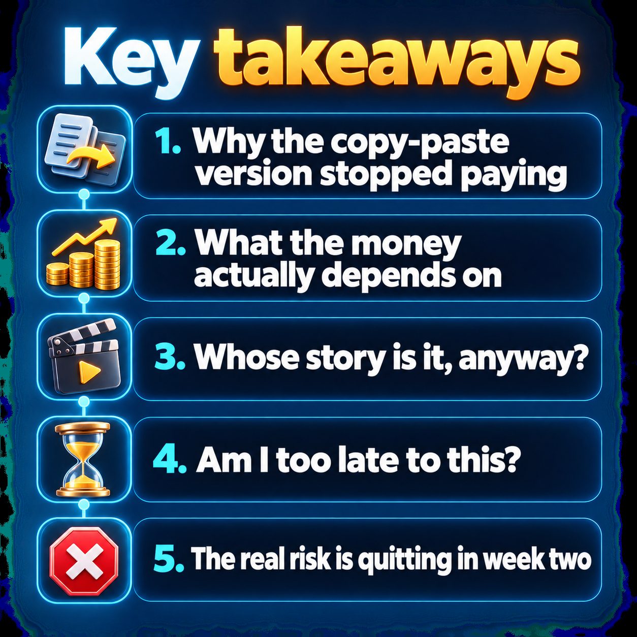 Key takeaways: Why the copy-paste version stopped paying; What the money actually depends on; Whose story is it, anyway?; Am I too late to this?; The real risk is quitting in week two