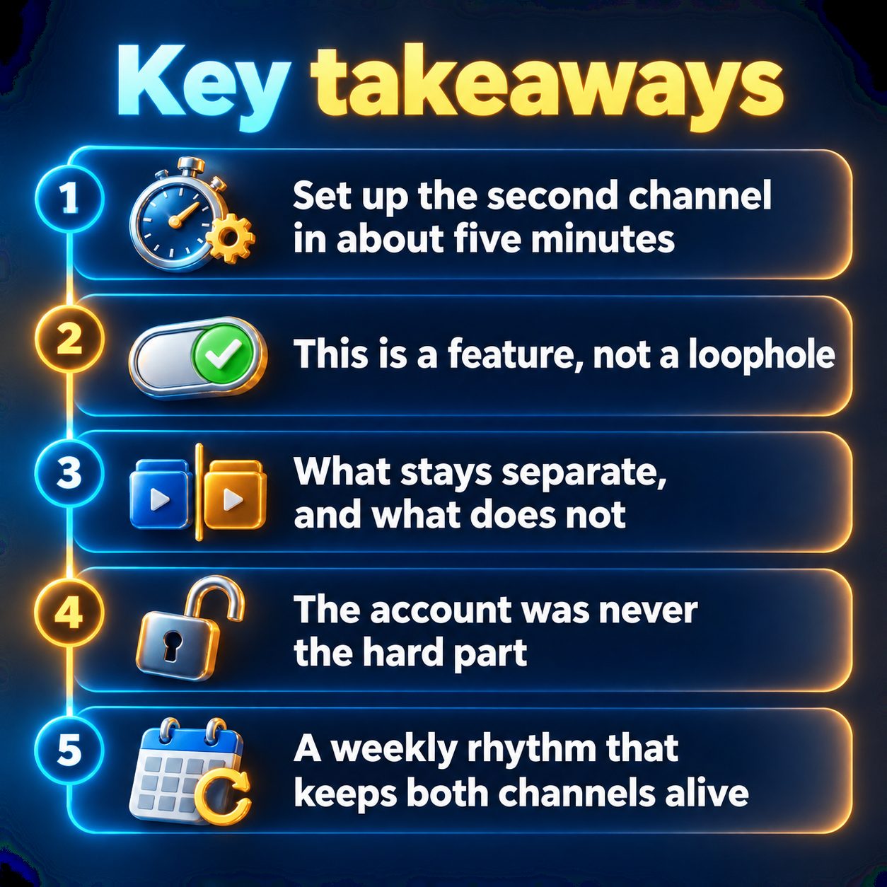 Key takeaways: Set up the second channel in about five minutes; This is a feature, not a loophole; What stays separate, and what does not; The account was never the hard part; A weekly rhythm that keeps both channels alive
