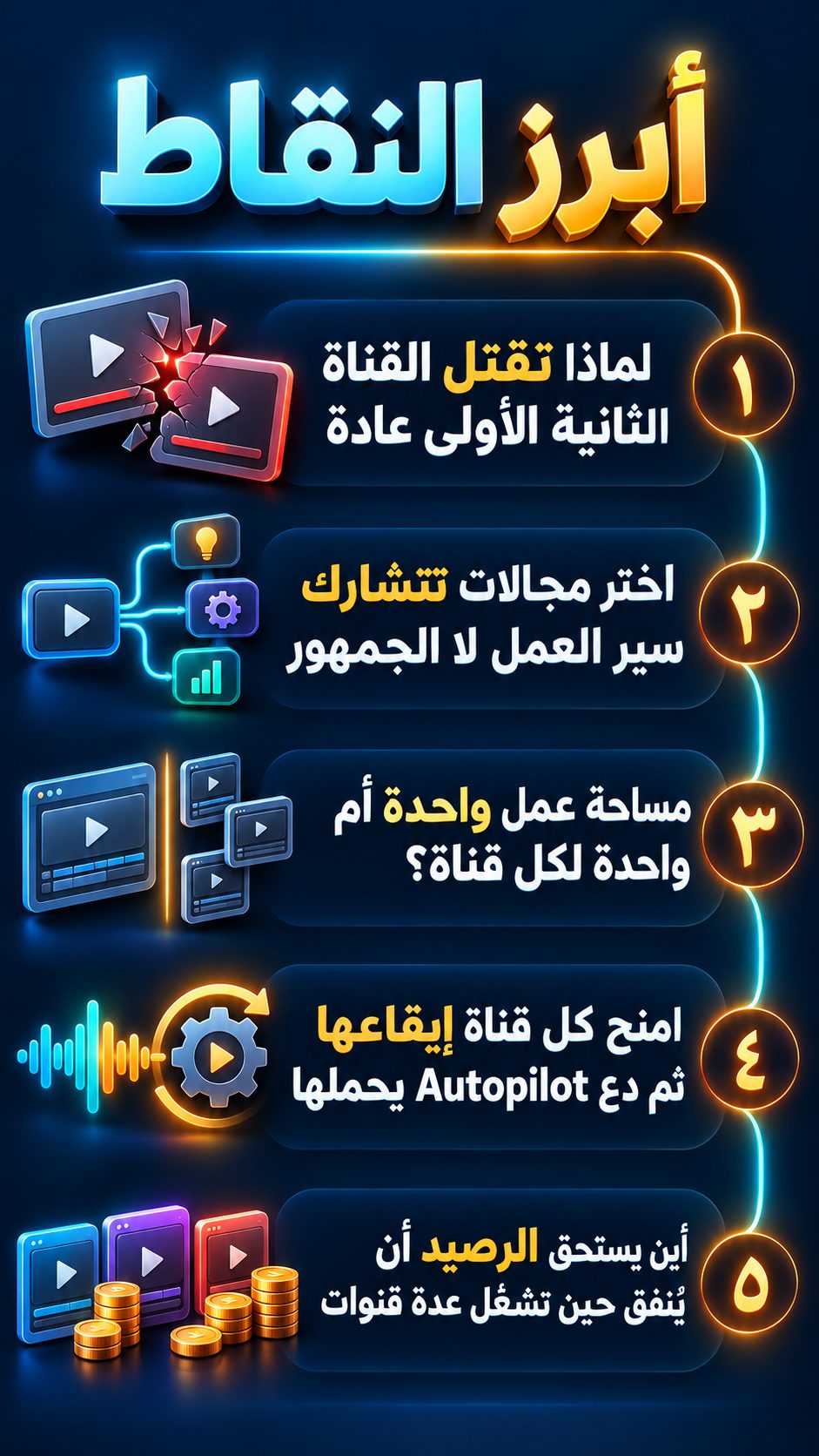 أبرز النقاط: لماذا تقتل القناة الثانية القناة الأولى عادة; اختر مجالات تتشارك طريقة العمل لا الجمهور; مساحة عمل واحدة أم مساحة لكل قناة؟; أعطِ كل قناة إيقاعها، ثم اترك Autopilot يكمل العمل; أين تنفق الرصيد عندما تشغّل عدة قنوات