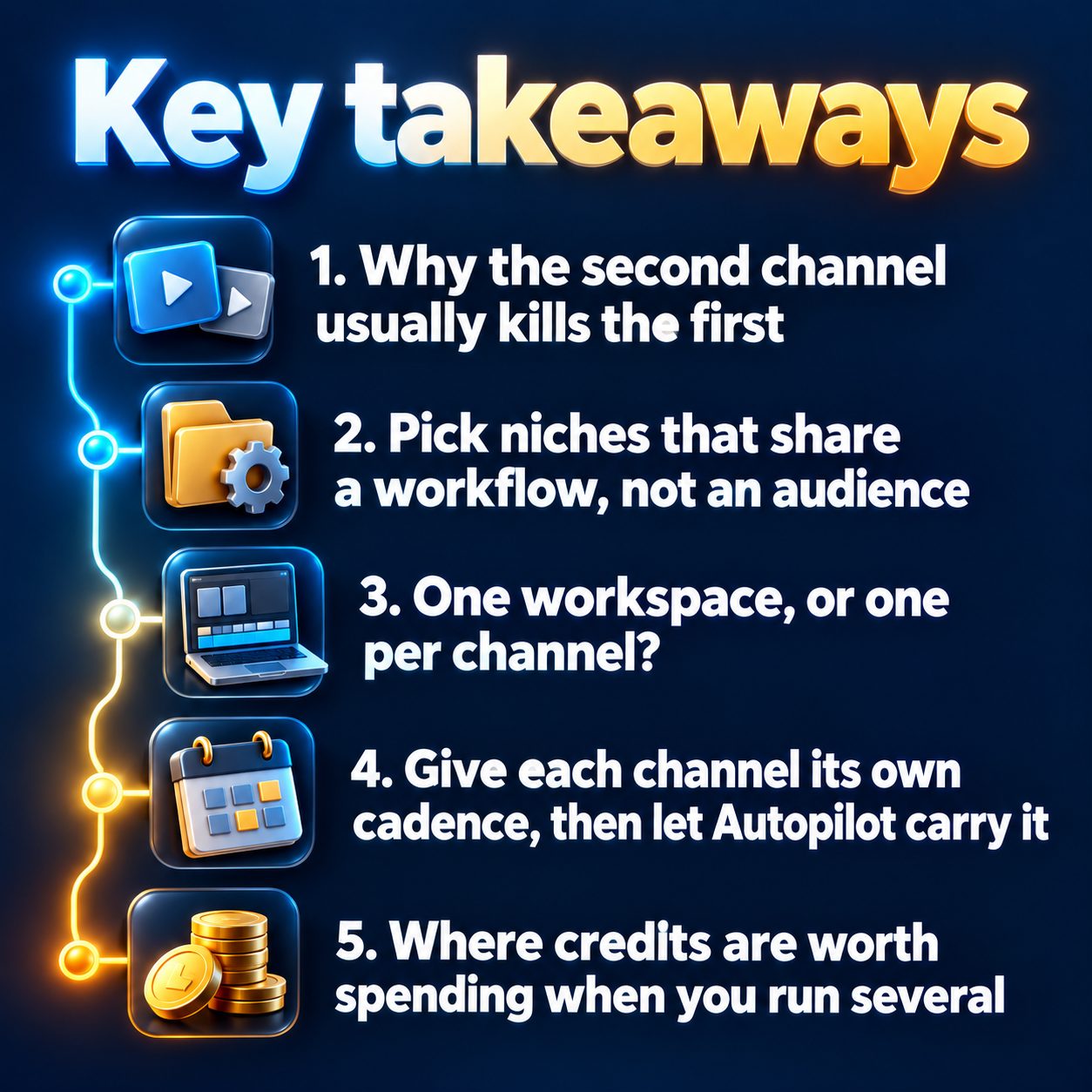 Key takeaways: Why the second channel usually kills the first; Pick niches that share a workflow, not an audience; One workspace, or one per channel?; Give each channel its own cadence, then let Autopilot carry it; Where credits are worth spending when you run several
