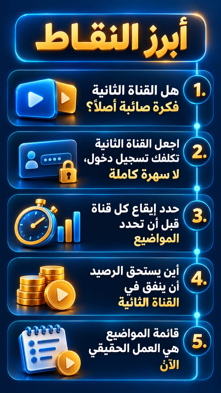 أبرز النقاط: هل القناة الثانية فكرة صائبة أصلاً؟; اجعل القناة الثانية تكلفك تسجيل دخول فقط، لا سهرة كاملة; حدد إيقاع النشر لكل قناة قبل أن تحدد المواضيع; أين يستحق الرصيد أن تنفقه في القناة الثانية; قائمة المواضيع هي العمل الحقيقي الآن