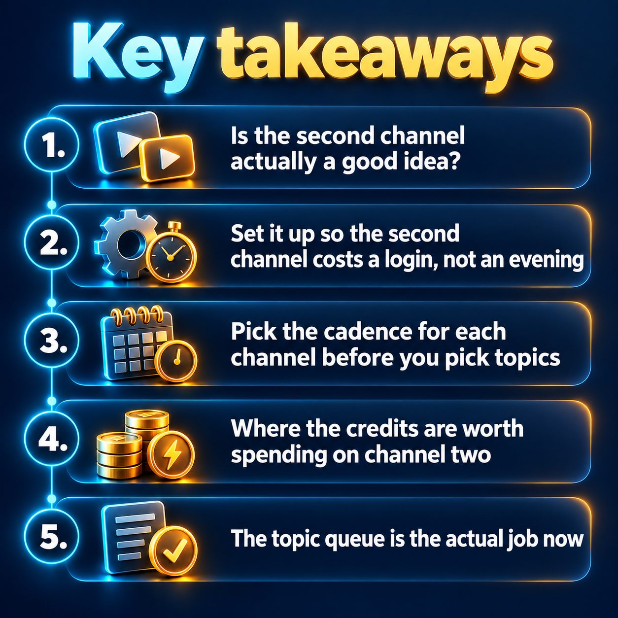 Key takeaways: Is the second channel actually a good idea?; Set it up so the second channel costs a login, not an evening; Pick the cadence for each channel before you pick topics; Where the credits are worth spending on channel two; The topic queue is the actual job now