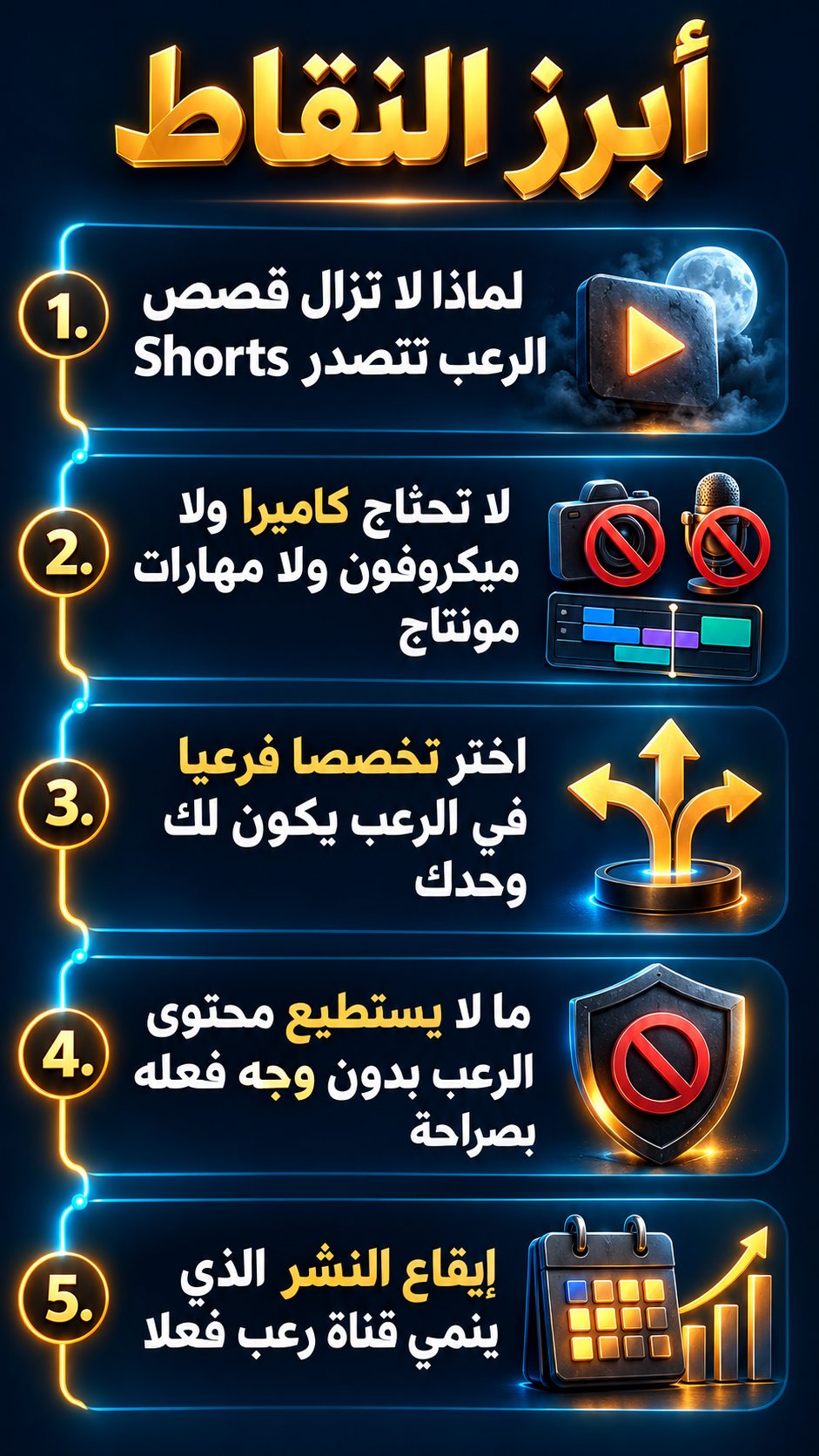 أبرز النقاط: لماذا لا تزال قصص الرعب تتصدر Shorts; لا تحتاج كاميرا ولا ميكروفون ولا مهارات مونتاج; اختر فرعا من الرعب يكون لك وحدك; ما لا يستطيع محتوى الرعب بدون وجه أن يفعله، بصراحة; إيقاع النشر الذي يجعل قناة الرعب تنمو فعلا