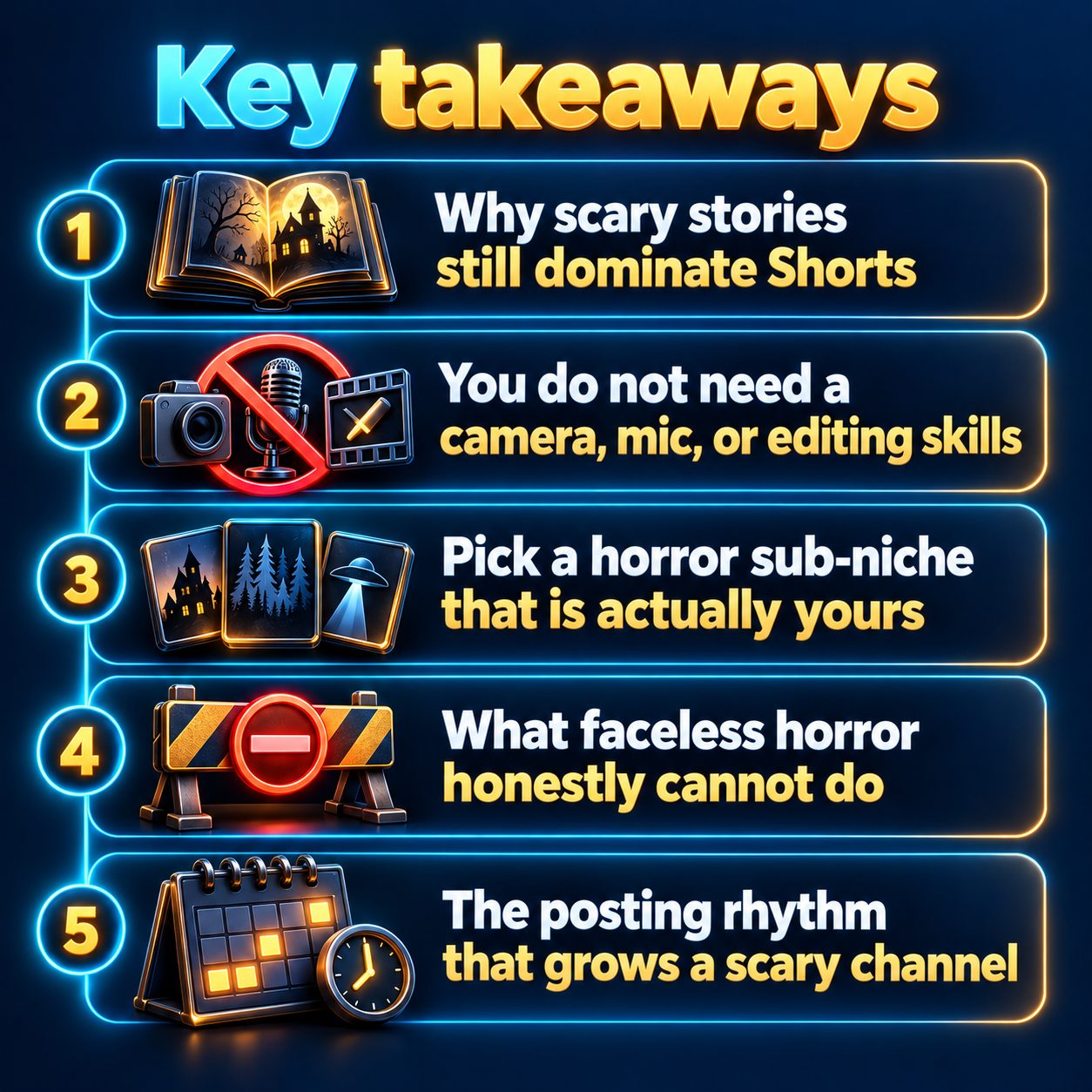 Key takeaways: Why scary stories still dominate Shorts; You do not need a camera, mic, or editing skills; Pick a horror sub-niche that is actually yours; What faceless horror honestly cannot do; The posting rhythm that grows a scary channel