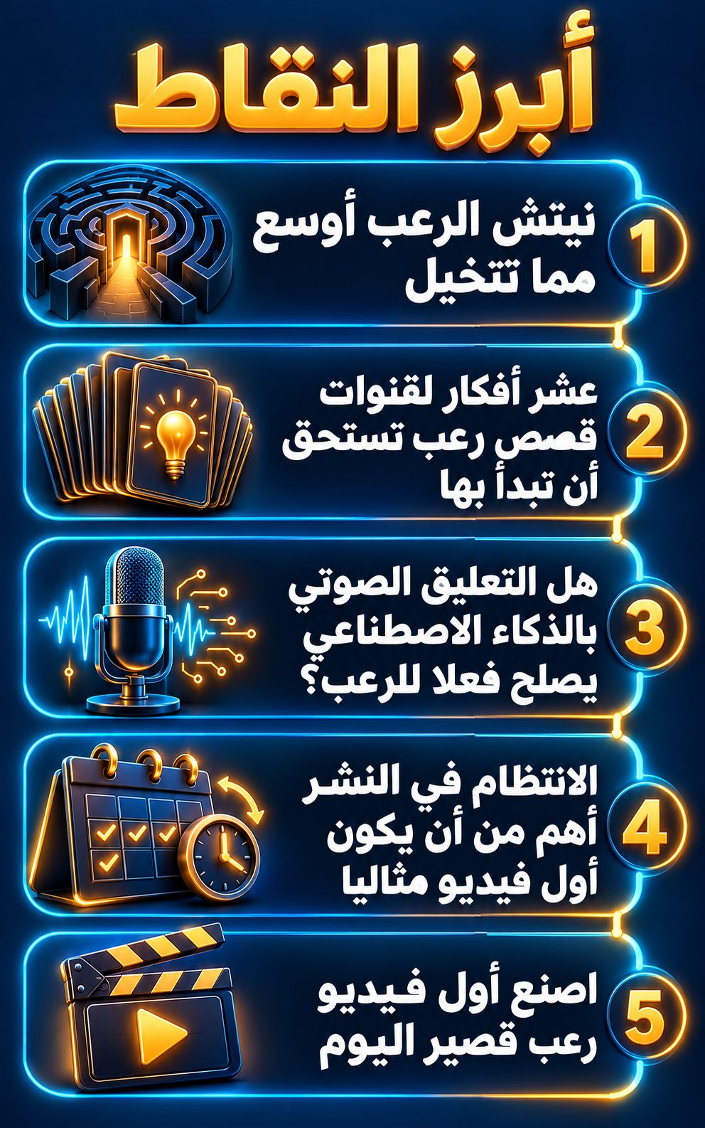 أبرز النقاط: نيتش الرعب أوسع مما تتخيل; عشر أفكار لقنوات قصص رعب تستحق أن تبدأ بها; هل يصلح التعليق الصوتي بالذكاء الاصطناعي للرعب فعلا؟; الانتظام في النشر أهم من أن يكون أول فيديو مثاليا; اصنع أول فيديو رعب قصير اليوم