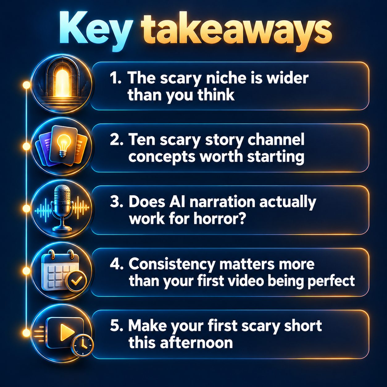 Key takeaways: The scary niche is wider than you think; Ten scary story channel concepts worth starting; Does AI narration actually work for horror?; Consistency matters more than your first video being perfect; Make your first scary short this afternoon