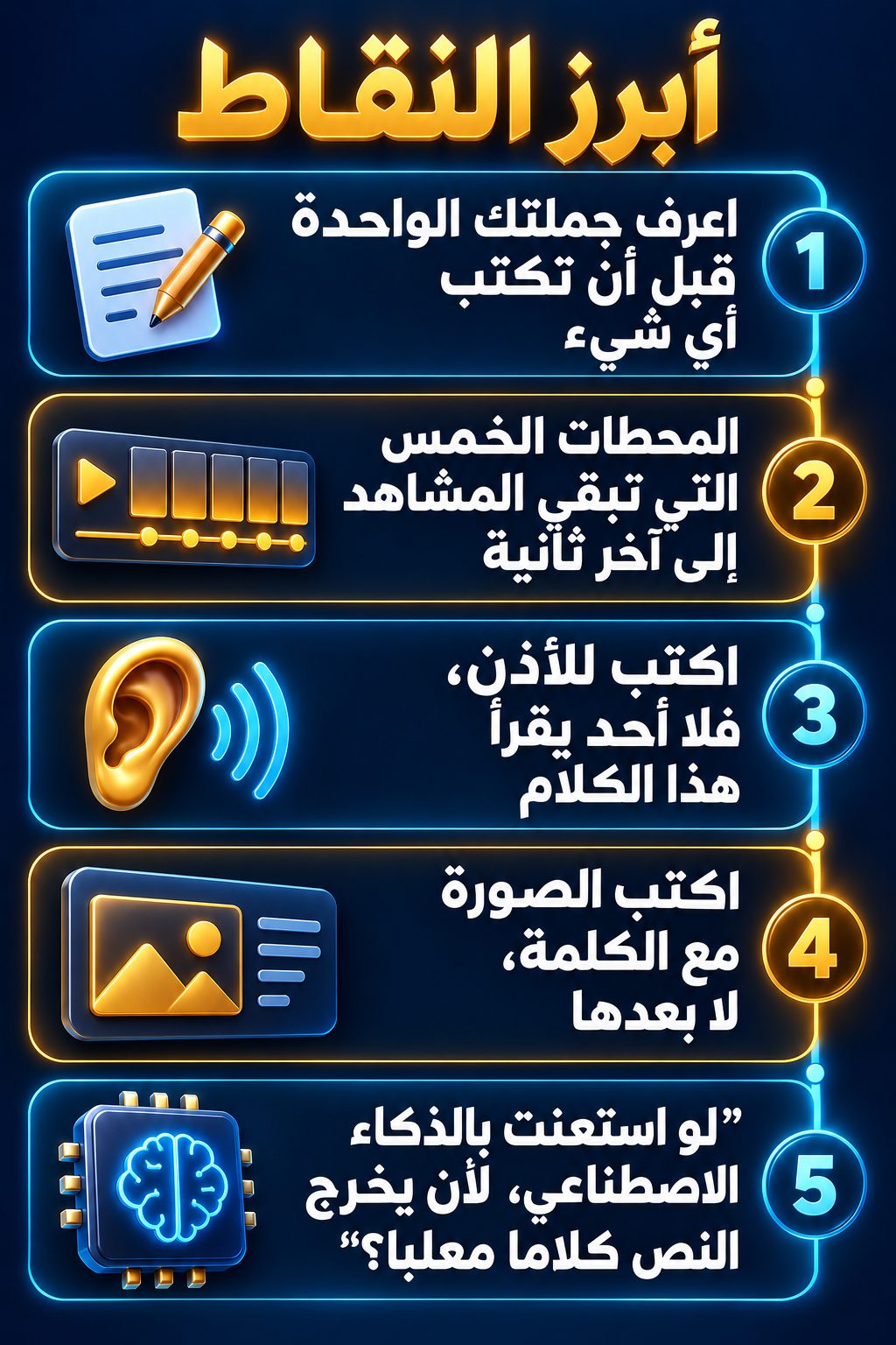 أبرز النقاط: اعرف جملتك الواحدة قبل أن تكتب أي شيء; المحطات الخمس التي تبقي المشاهد إلى آخر ثانية; اكتب للأذن، فلا أحد سيقرأ هذا الكلام; اكتب الصورة مع الكلمة، لا بعدها; "لو استعنت بالذكاء الاصطناعي، ألن يخرج النص كلاما معلبا؟"