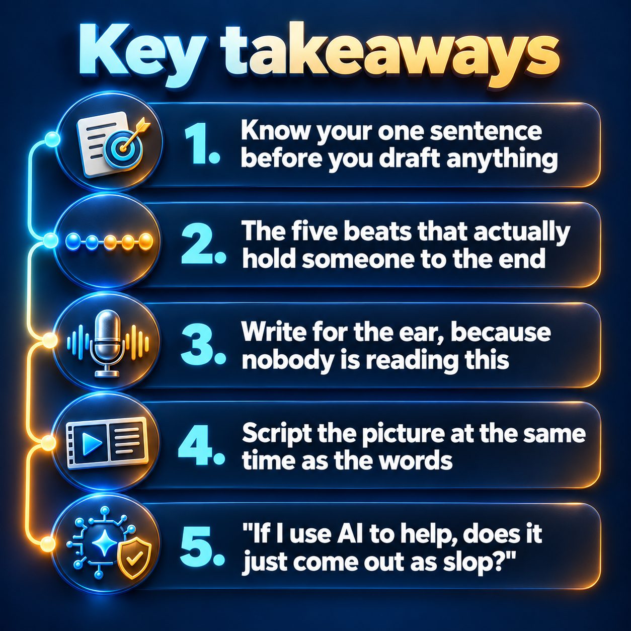 Key takeaways: Know your one sentence before you draft anything; The five beats that actually hold someone to the end; Write for the ear, because nobody is reading this; Script the picture at the same time as the words; "If I use AI to help, does it just come out as slop?"