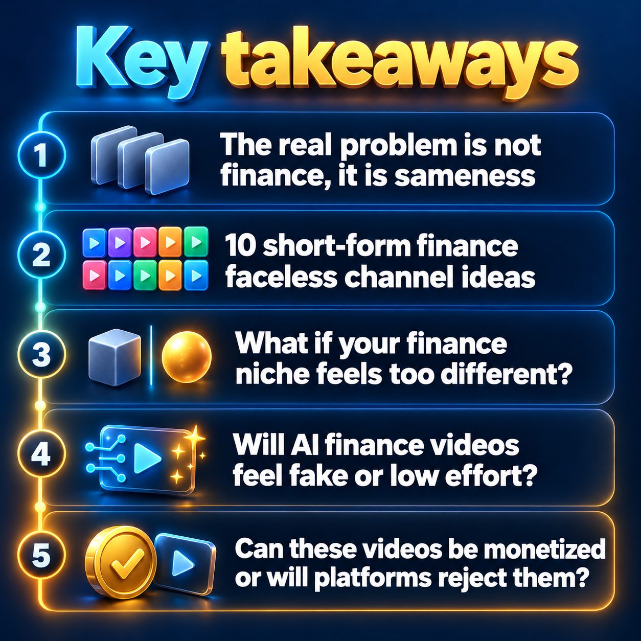 Key takeaways: The real problem is not finance, it is sameness; 10 short-form finance faceless channel ideas; What if your finance niche feels too different?; Will AI finance videos feel fake or low effort?; Can these videos be monetized or will platforms reject them?