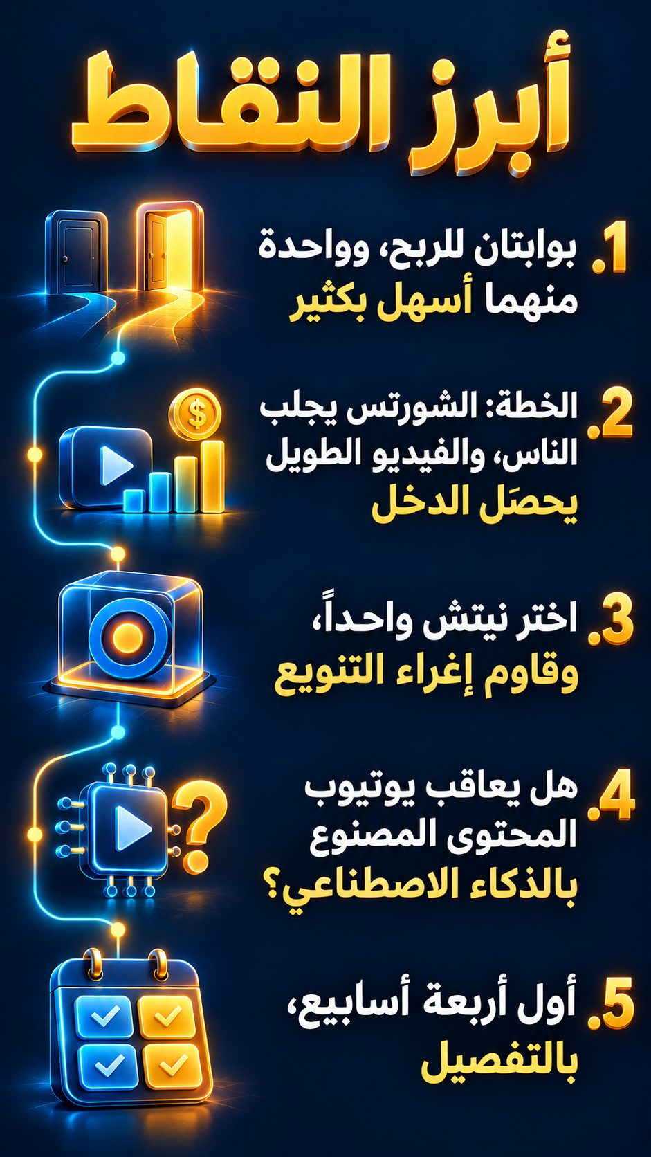 أبرز النقاط: طريقان للربح، وأحدهما أسهل بكثير; الخطة: الشورتس تجلب الناس، والفيديو الطويل يجلب الدخل; اختر مجالاً واحداً، ولا تنجرّ إلى التنويع; هل يعاقب يوتيوب المحتوى المصنوع بالذكاء الاصطناعي؟; أول أربعة أسابيع بالتفصيل