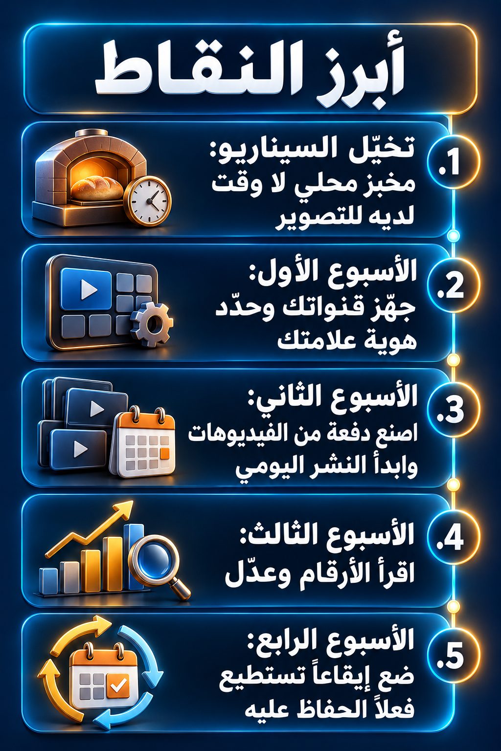 أبرز النقاط: تخيّل الموقف: مخبز محلي لا وقت لديه للتصوير; الأسبوع الأول: جهّز قنواتك وحدّد هوية علامتك; الأسبوع الثاني: اصنع مجموعة فيديوهات وابدأ النشر كل يوم; الأسبوع الثالث: اقرأ الأرقام وعدّل; الأسبوع الرابع: اختر وتيرة نشر تستطيع فعلاً أن تستمر عليها