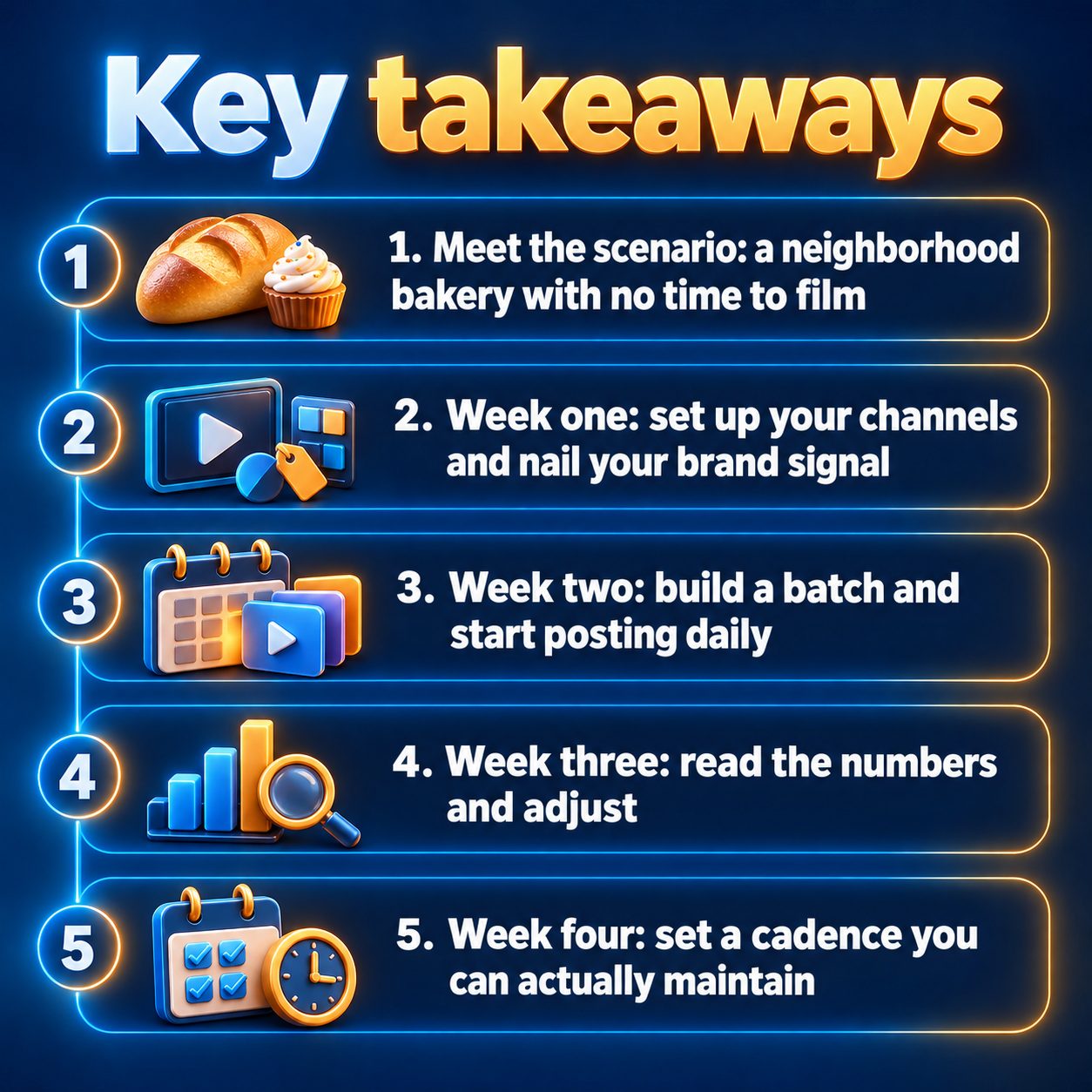 Key takeaways: Meet the scenario: a neighborhood bakery with no time to film; Week one: set up your channels and nail your brand signal; Week two: build a batch and start posting daily; Week three: read the numbers and adjust; Week four: set a cadence you can actually maintain