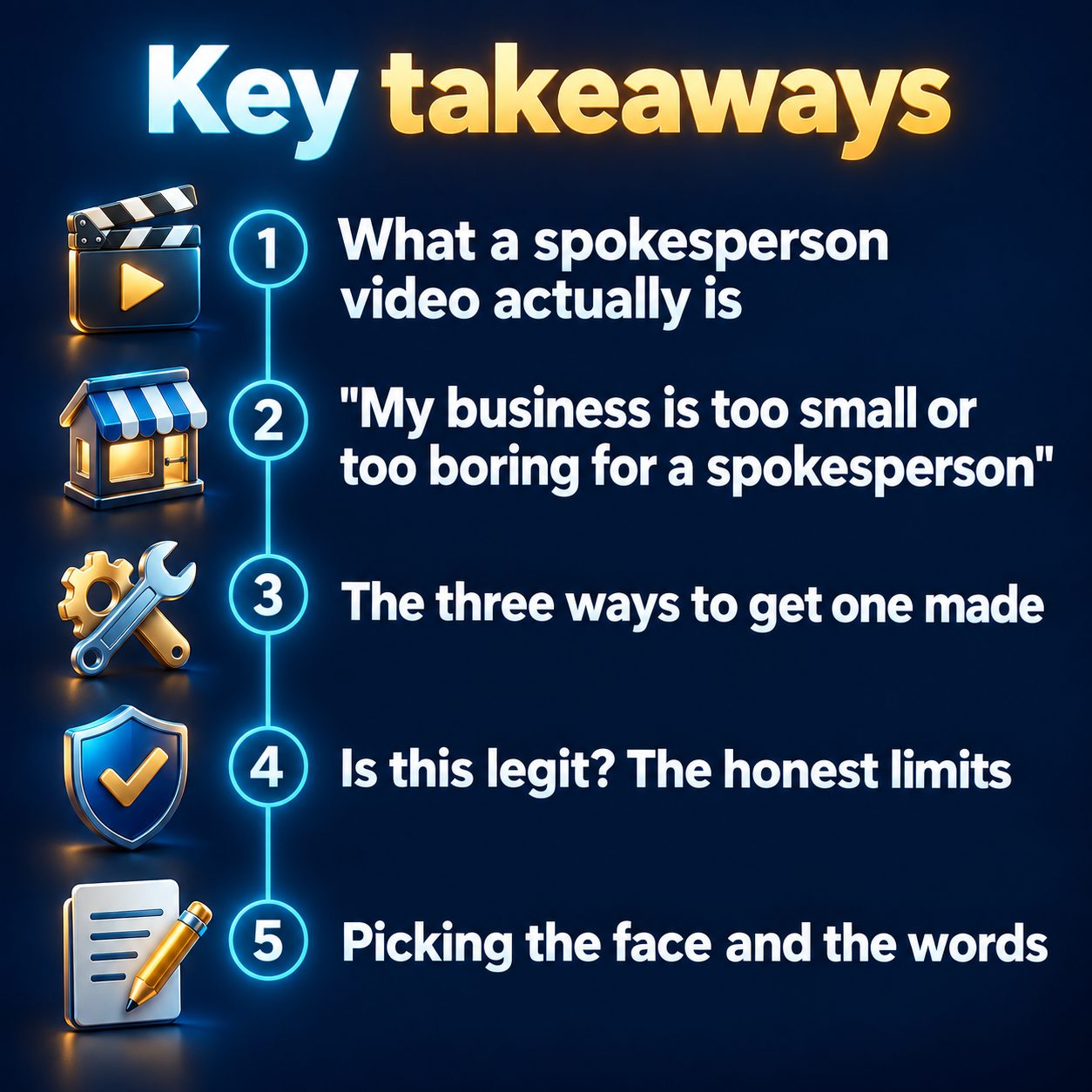 Key takeaways: What a spokesperson video actually is; "My business is too small or too boring for a spokesperson"; The three ways to get one made; Is this legit? The honest limits; Picking the face and the words