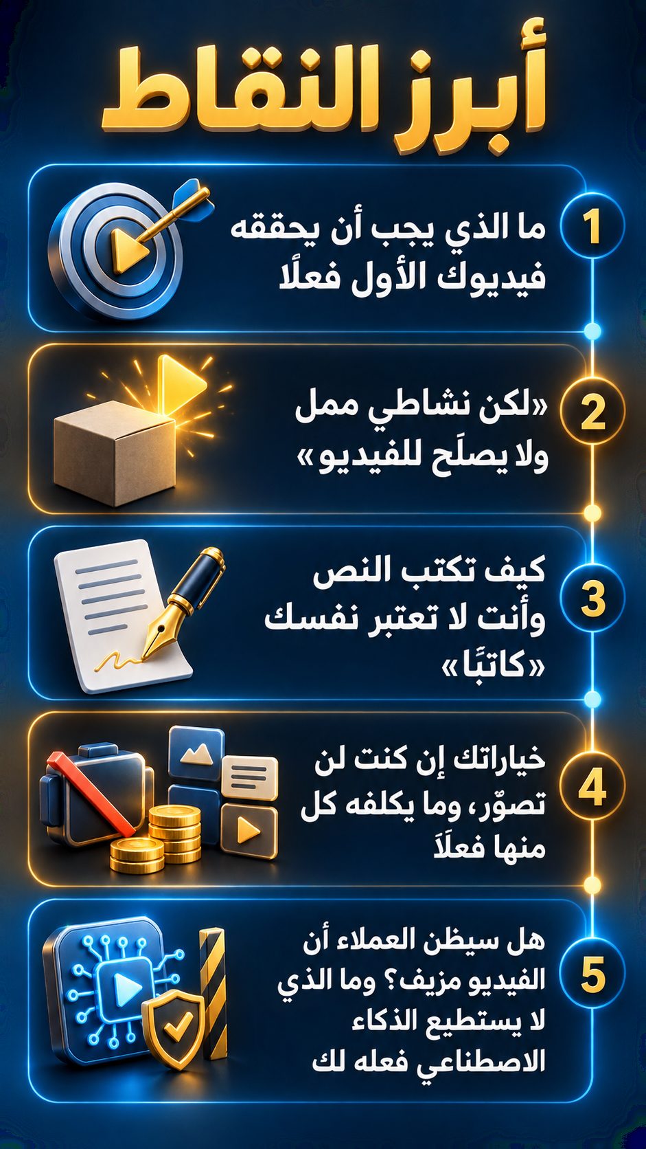 أبرز النقاط: ما الذي يجب أن يحققه فيديوك الأول فعلًا; «لكن نشاطي ممل ولا يصلح للفيديو»; كيف تكتب النص وأنت لا تعتبر نفسك «كاتبًا»; خياراتك إن كنت لن تصوّر، وكم يكلف كل خيار فعلًا; هل سيظن العملاء أن الفيديو مزيف؟ وما الذي لا يستطيع الذكاء الاصطناعي فعله لك