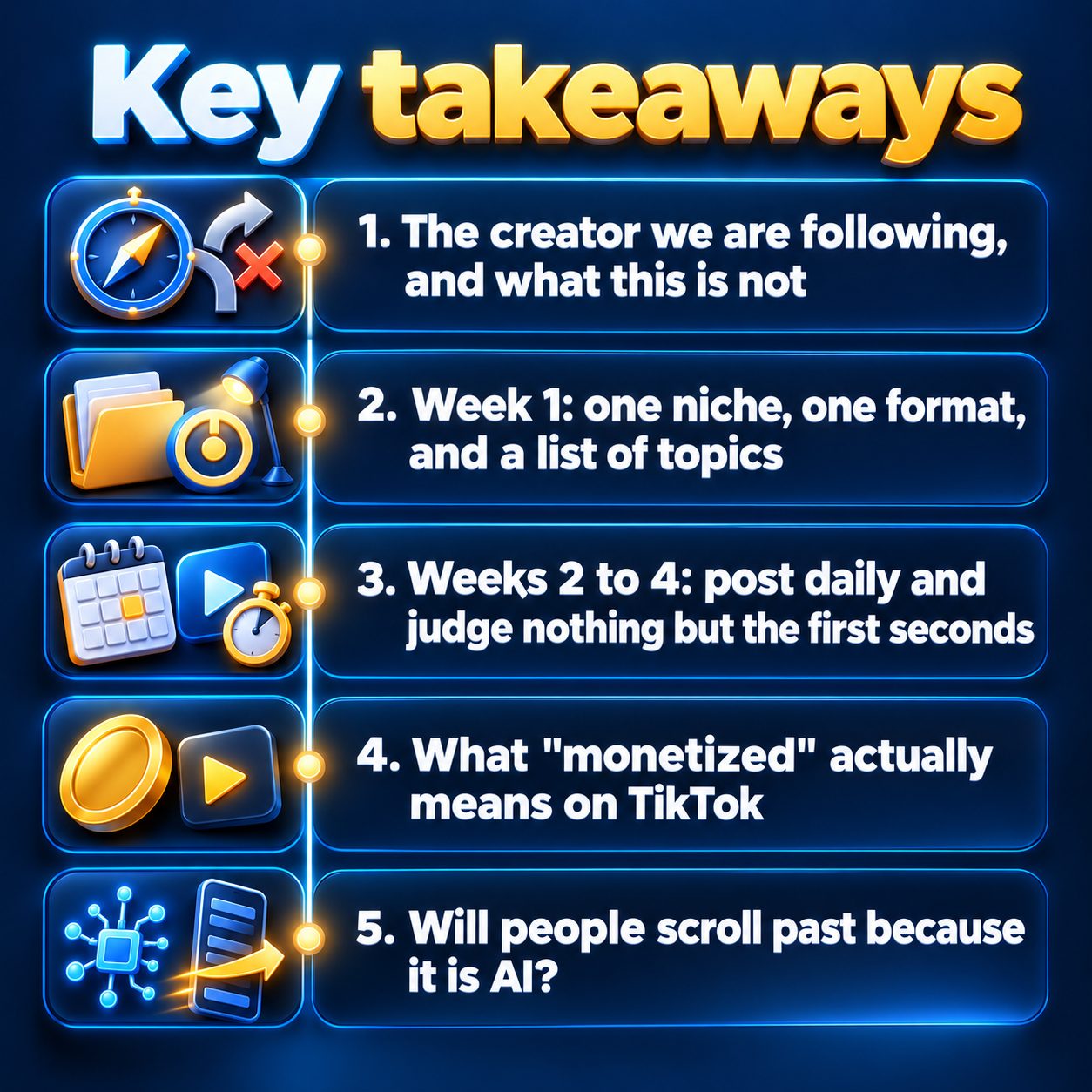 Key takeaways: The creator we are following, and what this is not; Week 1: one niche, one format, and a list of topics; Weeks 2 to 4: post daily and judge nothing but the first seconds; What "monetized" actually means on TikTok; Will people scroll past because it is AI?