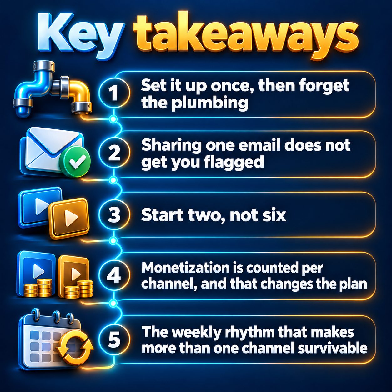 Key takeaways: Set it up once, then forget the plumbing; Sharing one email does not get you flagged; Start two, not six; Monetization is counted per channel, and that changes the plan; The weekly rhythm that makes more than one channel survivable