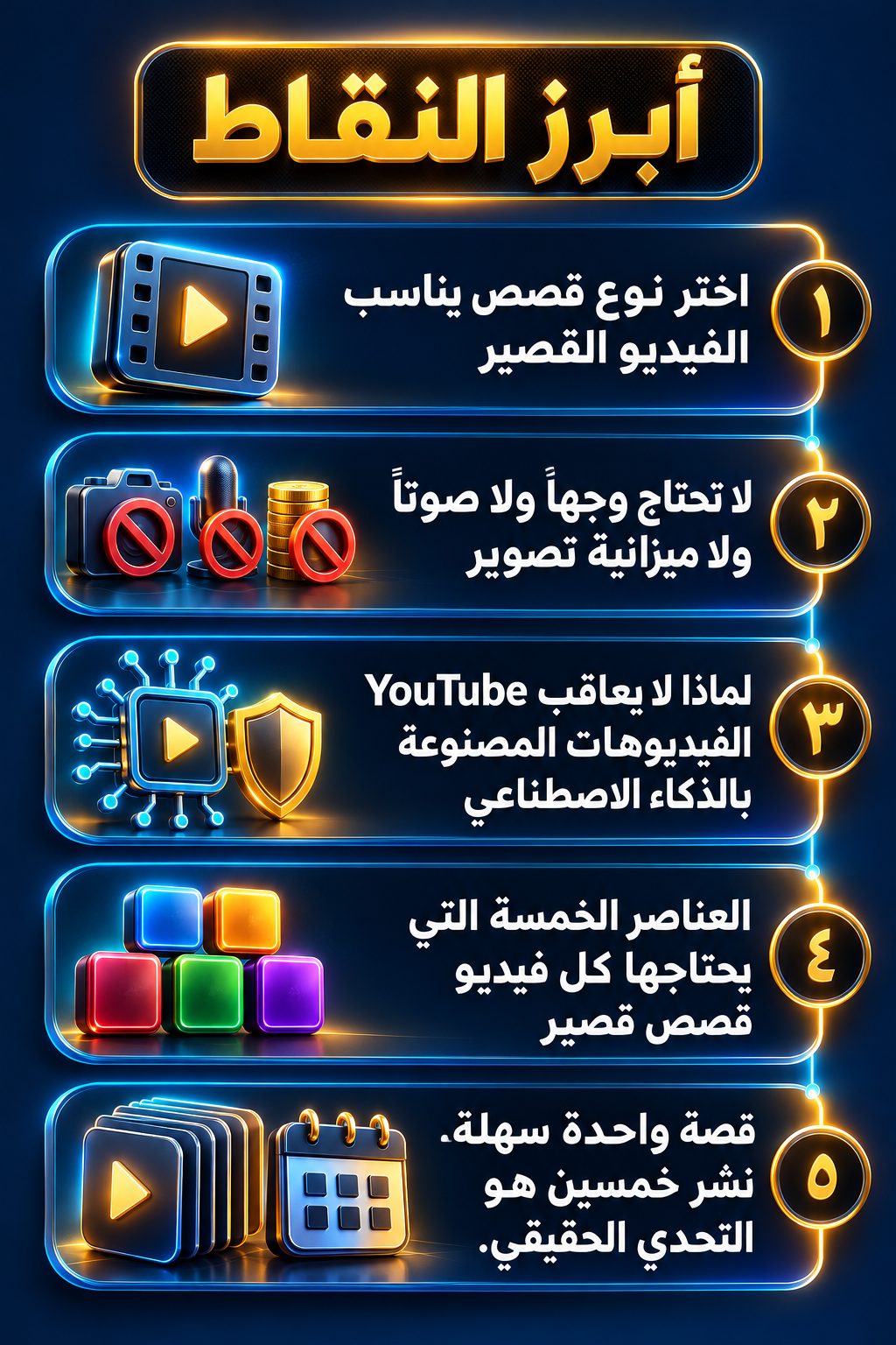 أبرز النقاط: اختر نوع قصص يناسب الفيديو القصير; لا تحتاج وجهاً ولا صوتاً ولا ميزانية تصوير; لماذا لا يعاقب YouTube الفيديوهات المصنوعة بالذكاء الاصطناعي; العناصر الخمسة التي يحتاجها كل فيديو قصص قصير; قصة واحدة سهلة. نشر خمسين هو التحدي الحقيقي.