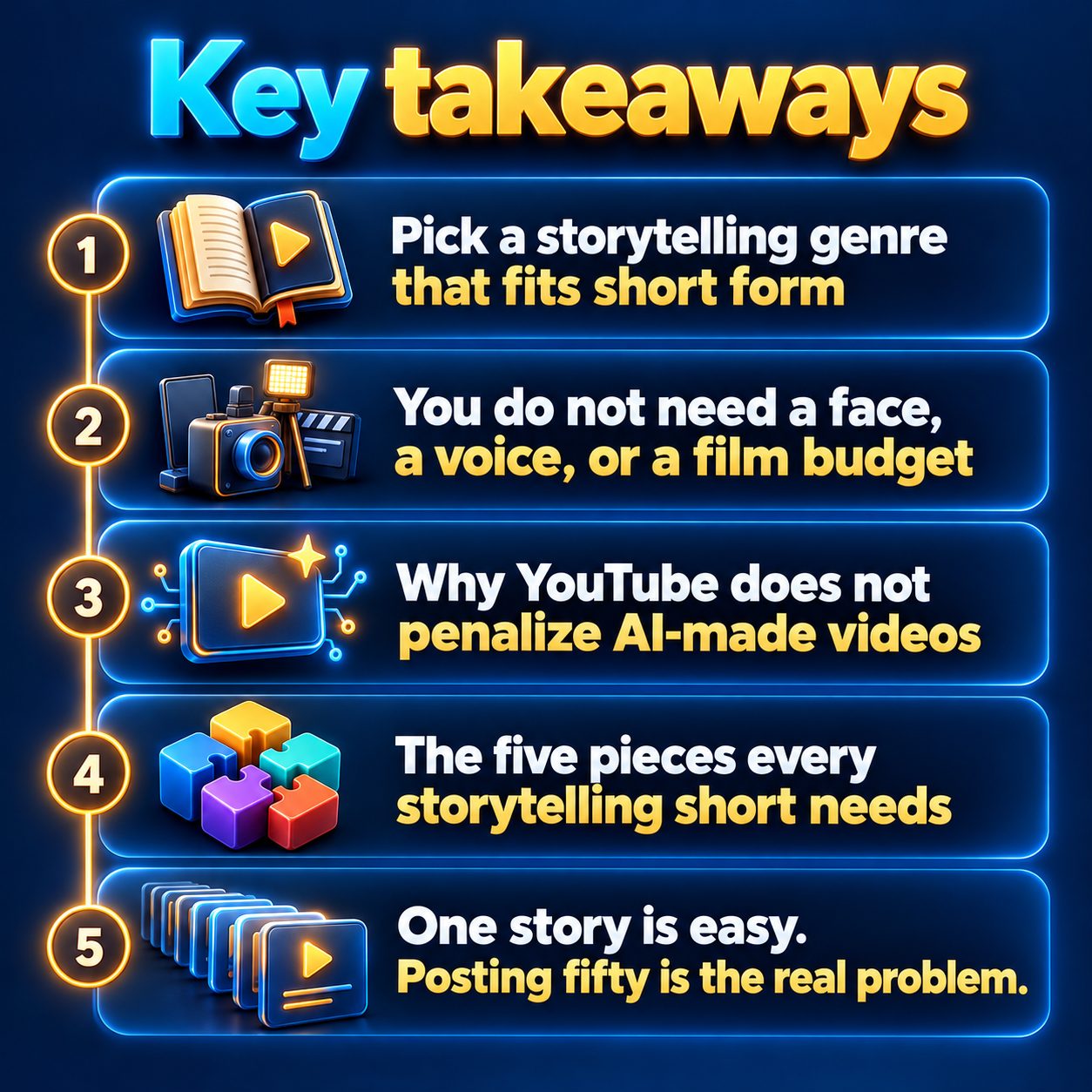 Key takeaways: Pick a storytelling genre that fits short form; You do not need a face, a voice, or a film budget; Why YouTube does not penalize AI-made videos; The five pieces every storytelling short needs; One story is easy. Posting fifty is the real problem.