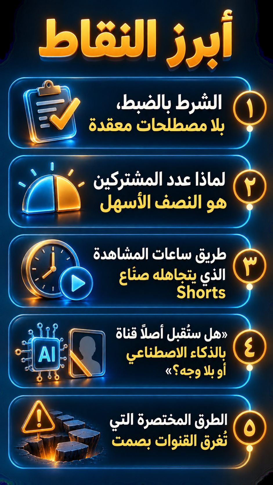 أبرز النقاط: الشرط بالضبط، بلا مصطلحات معقدة; لماذا عدد المشتركين هو النصف الأسهل; طريق ساعات المشاهدة الذي يتجاهله صنّاع Shorts; «هل ستُقبل قناة تعمل بالذكاء الاصطناعي أو بلا وجه؟»; الطرق المختصرة التي تُغرق القنوات بصمت