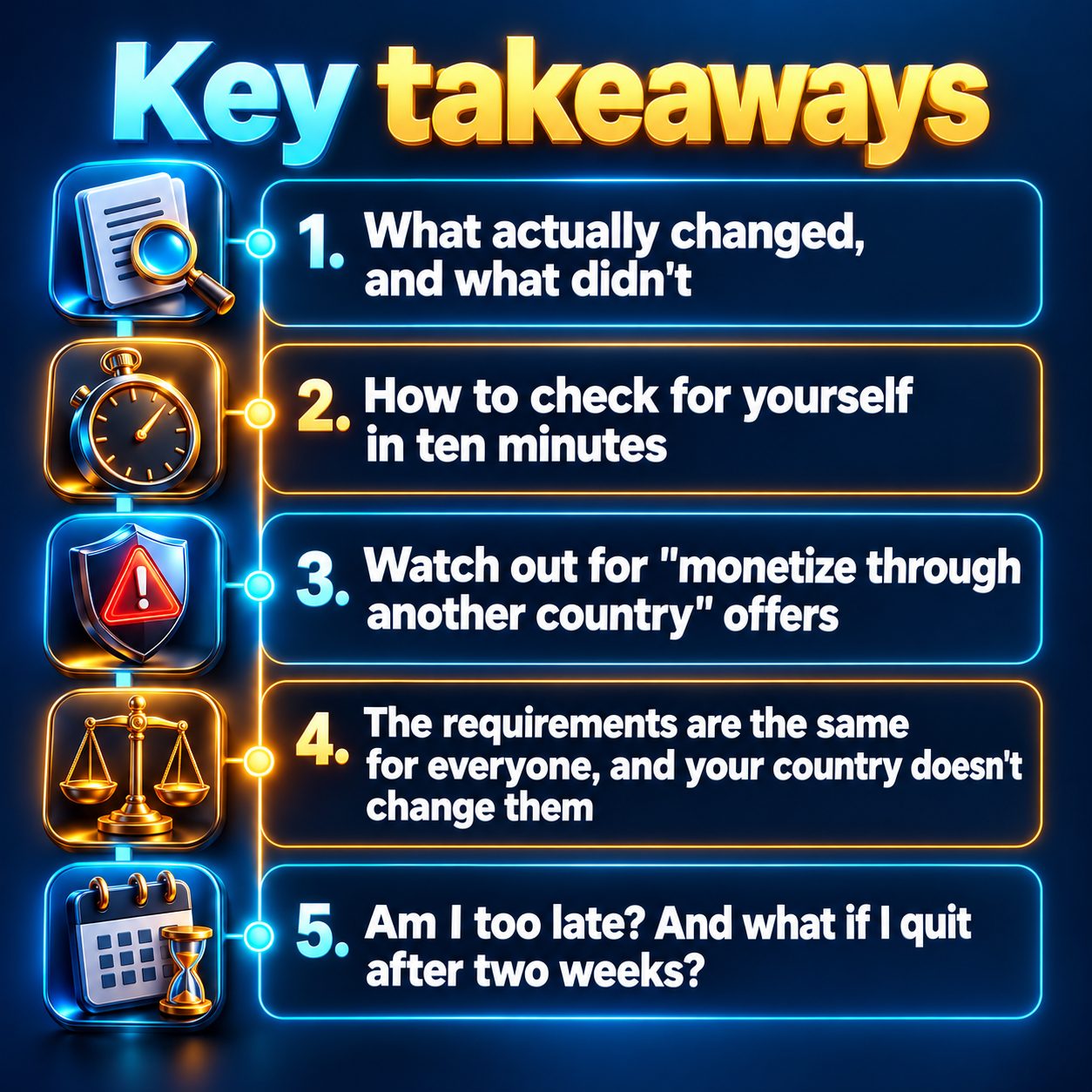 Key takeaways: What actually changed, and what didn't; How to check for yourself in ten minutes; Watch out for "monetize through another country" offers; The requirements are the same for everyone, and your country doesn't change them; Am I too late? And what if I quit after two weeks?