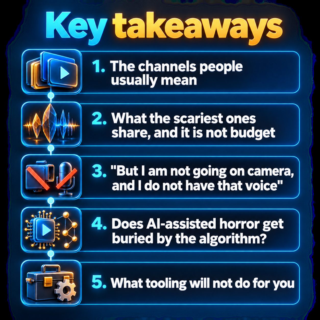 Key takeaways: The channels people usually mean; What the scariest ones share, and it is not budget; "But I am not going on camera, and I do not have that voice"; Does AI-assisted horror get buried by the algorithm?; What tooling will not do for you