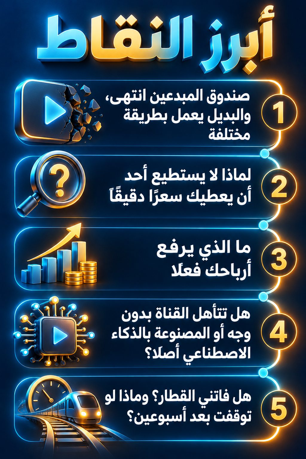 أبرز النقاط: صندوق المبدعين انتهى، والبديل يعمل بطريقة مختلفة; لماذا لا يستطيع أحد أن يعطيك سعرًا دقيقًا; ما الذي يرفع أرباحك فعلًا; هل تتأهل القناة بدون وجه أو المصنوعة بالذكاء الاصطناعي أصلًا؟; هل فاتني القطار؟ وماذا لو توقفت بعد أسبوعين؟
