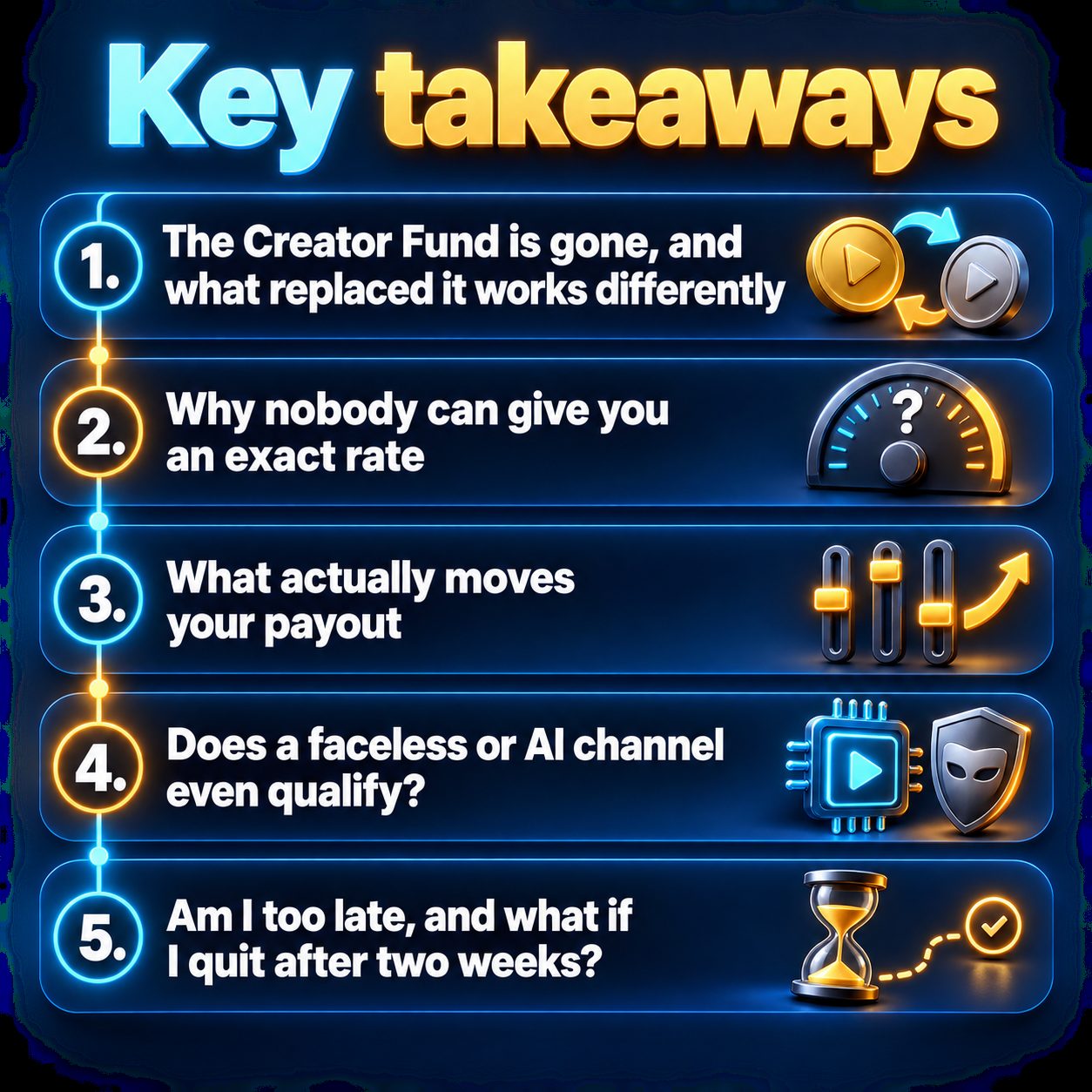 Key takeaways: The Creator Fund is gone, and what replaced it works differently; Why nobody can give you an exact rate; What actually moves your payout; Does a faceless or AI channel even qualify?; Am I too late, and what if I quit after two weeks?