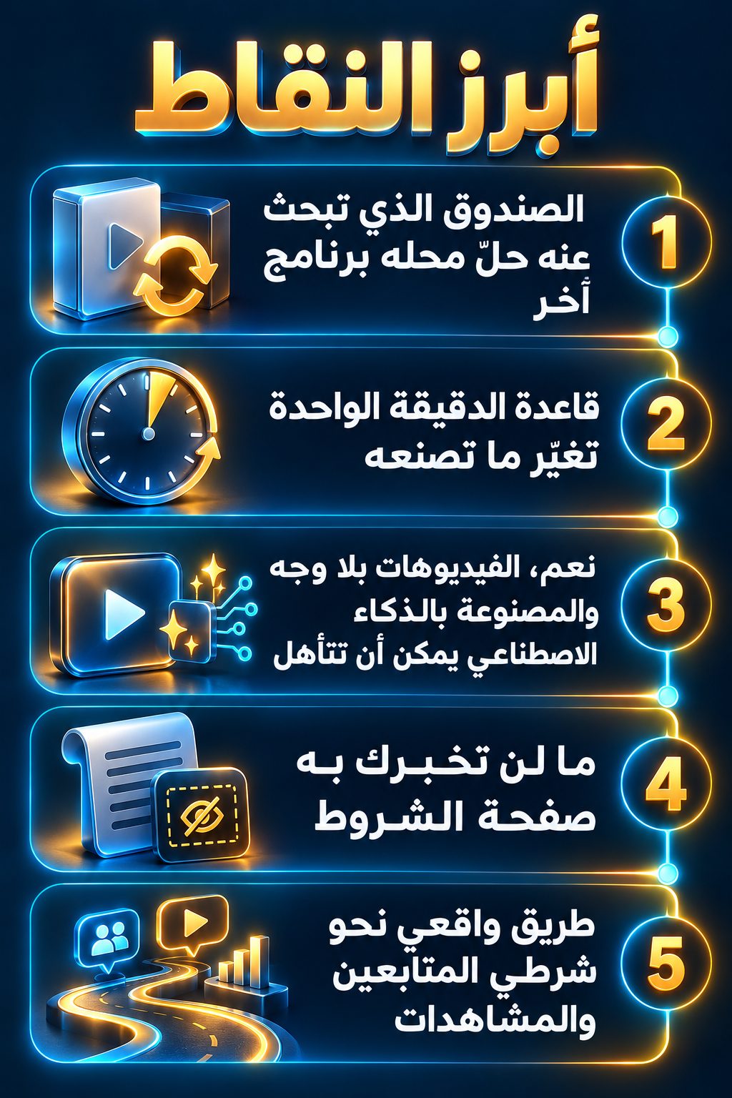 أبرز النقاط: الصندوق الذي تبحث عنه حلّ محله برنامج آخر; قاعدة الدقيقة الواحدة تغيّر نوع الفيديوهات التي تصنعها; نعم، الفيديوهات بلا وجه والمصنوعة بالذكاء الاصطناعي يمكن أن تتأهل; ما لن تخبرك به صفحة الشروط; طريق واقعي للوصول إلى شرطي المتابعين والمشاهدات