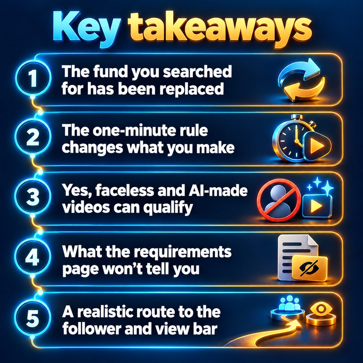 Key takeaways: The fund you searched for has been replaced; The one-minute rule changes what you make; Yes, faceless and AI-made videos can qualify; What the requirements page won't tell you; A realistic route to the follower and view bar