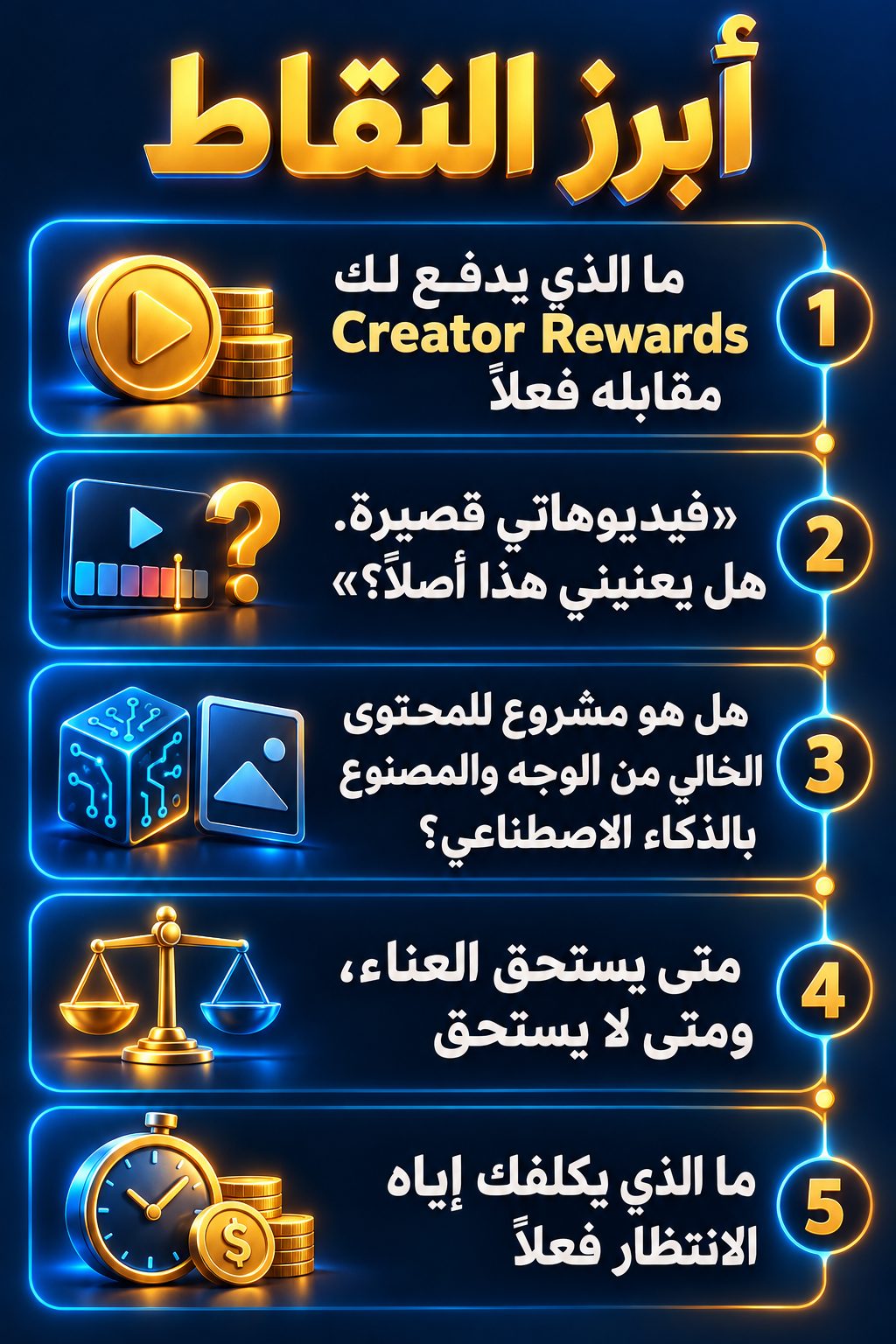 أبرز النقاط: ما الذي يدفع لك Creator Rewards مقابله فعلًا; «فيديوهاتي قصيرة. هل يهمني هذا أصلًا؟»; هل يصلح البرنامج للمحتوى المصنوع بالذكاء الاصطناعي دون إظهار الوجه؟; متى يستحق العناء، ومتى لا يستحق; أسئلة تفكر فيها ولا تقولها