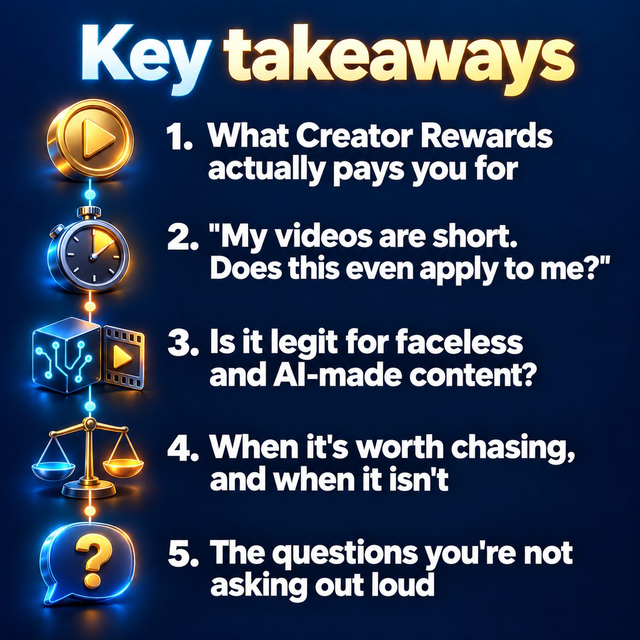 Key takeaways: What Creator Rewards actually pays you for; "My videos are short. Does this even apply to me?"; Is it legit for faceless and AI-made content?; When it's worth chasing, and when it isn't; The questions you're not asking out loud