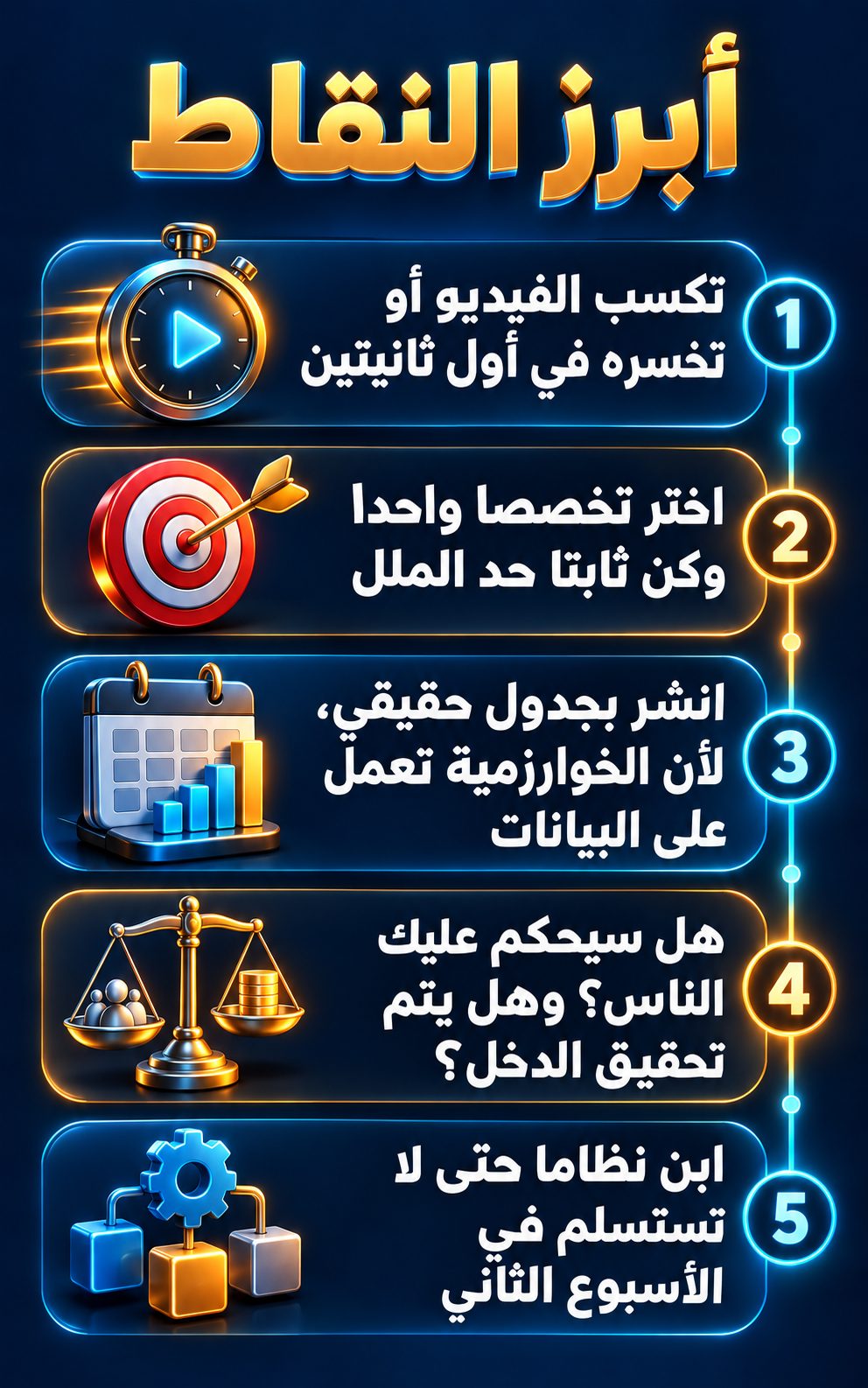 أبرز النقاط: تكسب الفيديو أو تخسره في أول ثانيتين; اختر تخصصا واحدا والتزم به حتى لو شعرت بالملل; انشر بجدول حقيقي، لأن الخوارزمية تعمل على البيانات; هل سيحكم عليك الناس؟ وهل ستحقق دخلا؟; ابن نظاما حتى لا تستسلم في الأسبوع الثاني