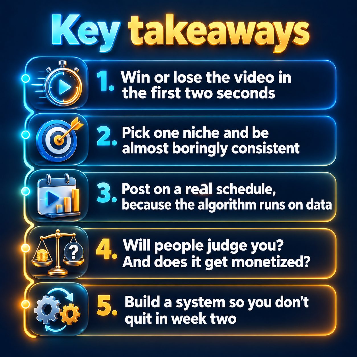 Key takeaways: Win or lose the video in the first two seconds; Pick one niche and be almost boringly consistent; Post on a real schedule, because the algorithm runs on data; Will people judge you? And does it get monetized?; Build a system so you don't quit in week two