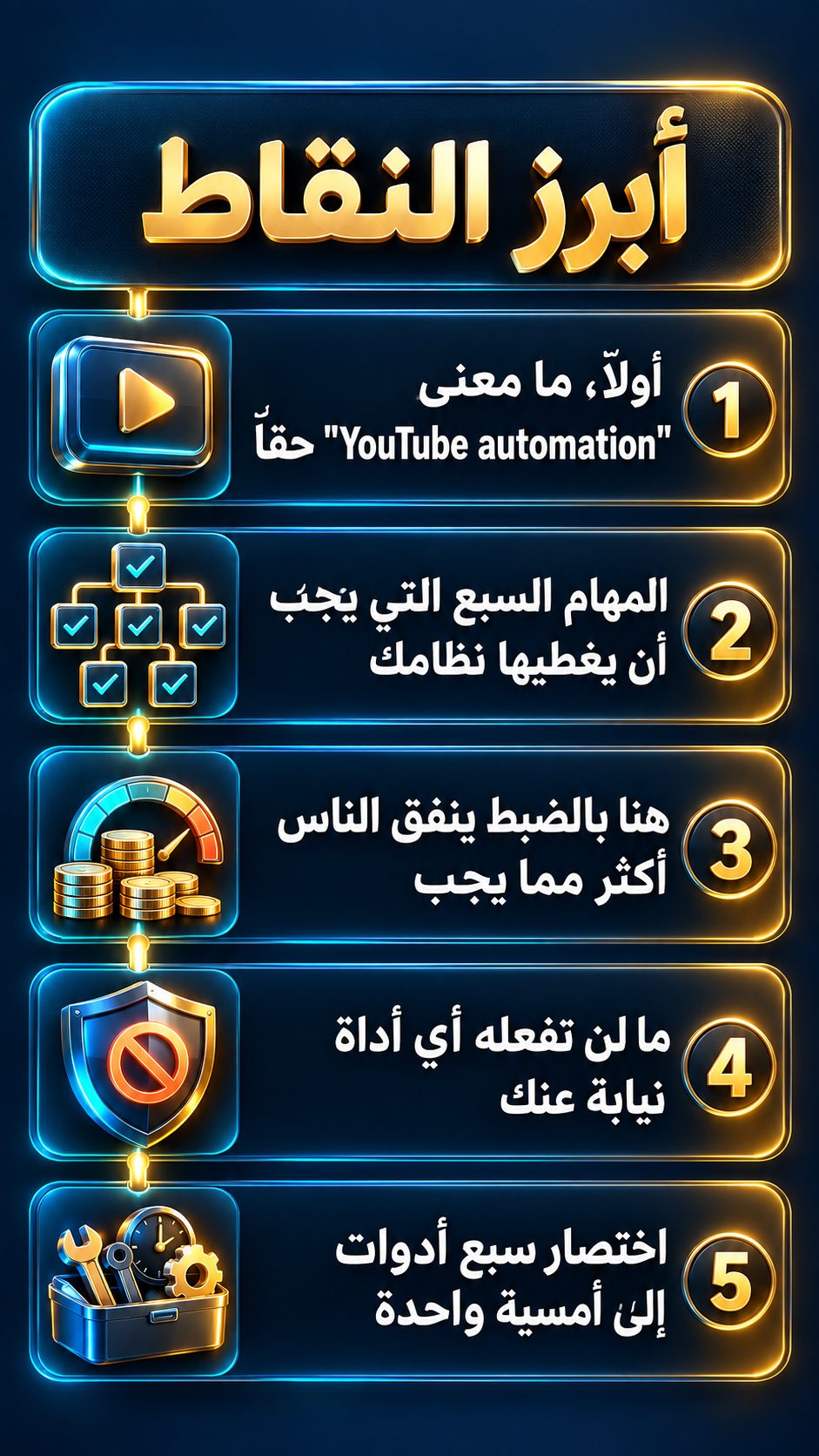أبرز النقاط: أولاً، ما معنى "YouTube automation" حقاً; المهام السبع التي يجب أن يغطيها نظامك; هنا بالضبط ينفق الناس أكثر مما يجب; ما لن تفعله أي أداة نيابة عنك; اختصار سبع أدوات إلى أمسية واحدة