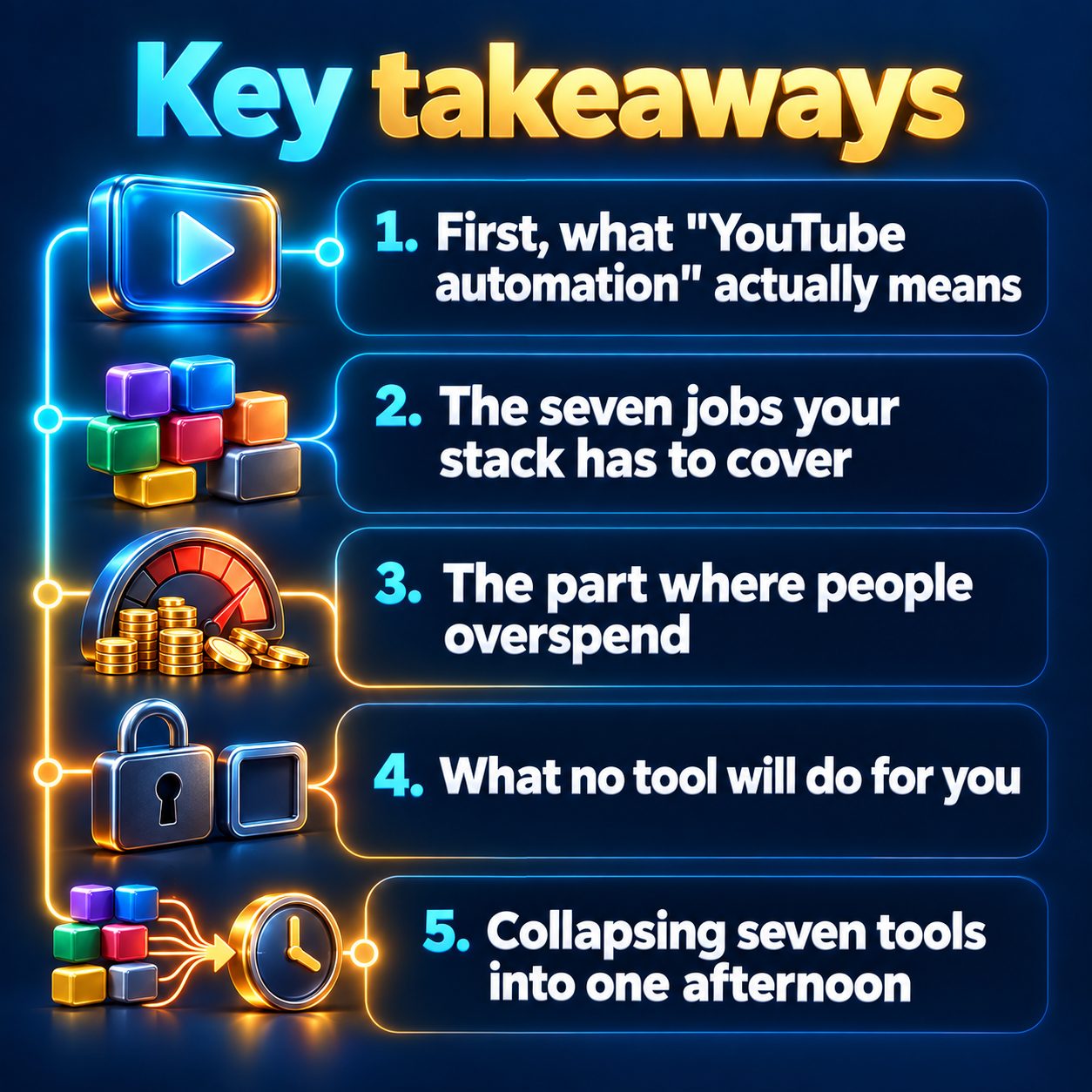 Key takeaways: First, what "YouTube automation" actually means; The seven jobs your stack has to cover; The part where people overspend; What no tool will do for you; Collapsing seven tools into one afternoon