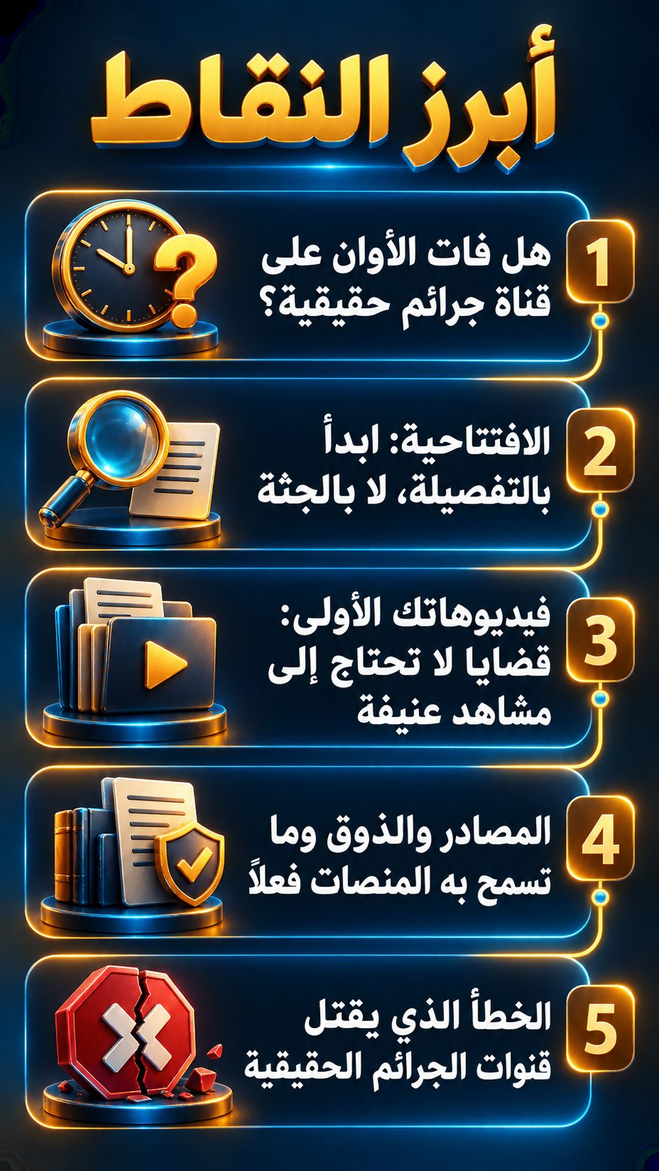 أبرز النقاط: هل فات الأوان على قناة جرائم حقيقية؟; الافتتاحية: ابدأ بالتفصيلة، لا بالجثة; فيديوهاتك الأولى: قضايا لا تحتاج إلى مشاهد عنيفة; المصادر والذوق وما تسمح به المنصات فعلًا; الخطأ الذي يقتل قنوات الجرائم الحقيقية