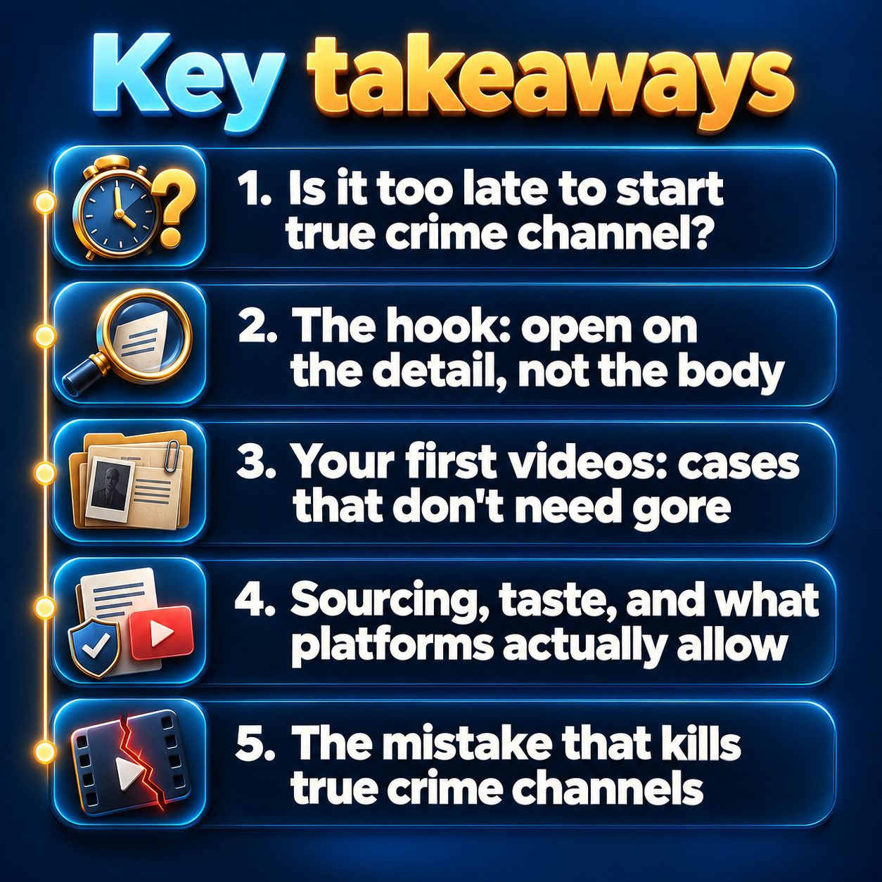 Key takeaways: Is it too late to start a true crime channel?; The hook: open on the detail, not the body; Your first videos: cases that don't need gore; Sourcing, taste, and what platforms actually allow; The mistake that kills true crime channels